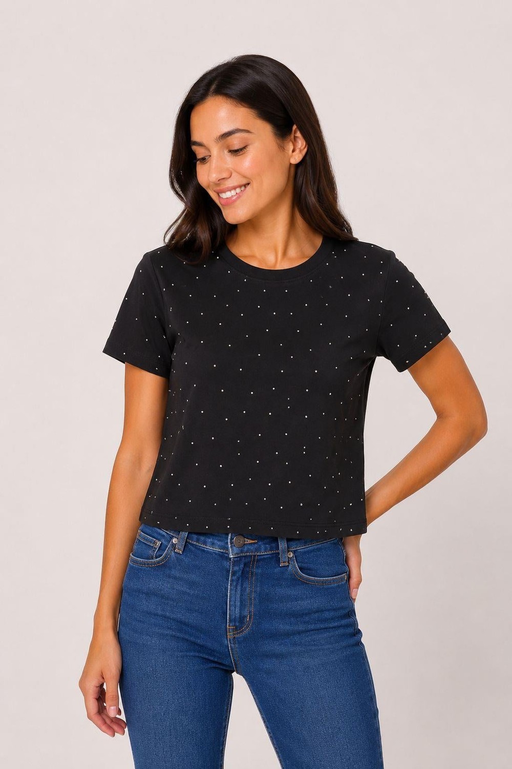 Kadın Bisiklet Yaka Taşlı Crop Bluz Siyah