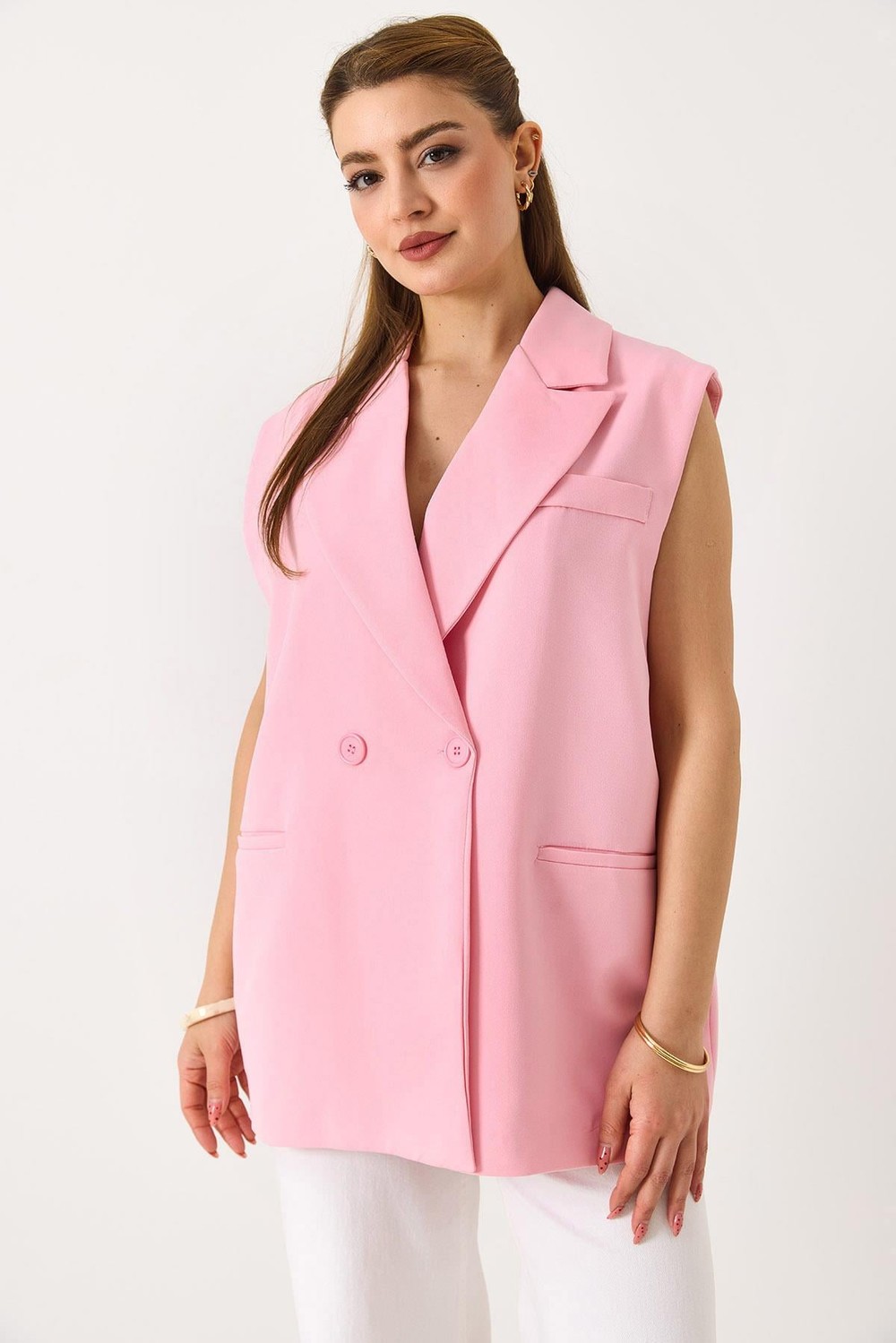 Kadın  Oversize Kruvaze Sıfır Kol Yelek Pembe
