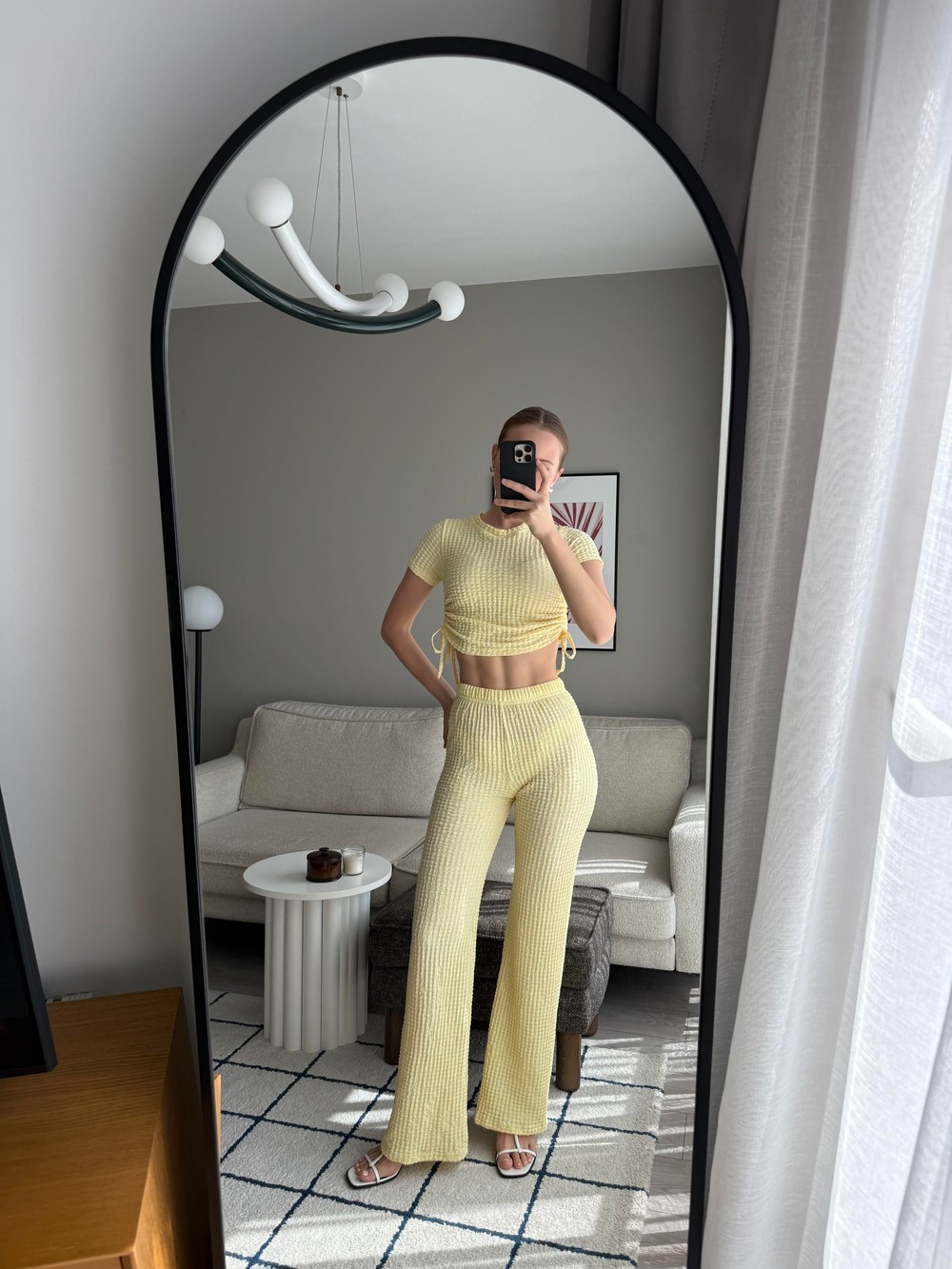 Yanları İpli Crop Pantolon Buble İkili Takım Sarı