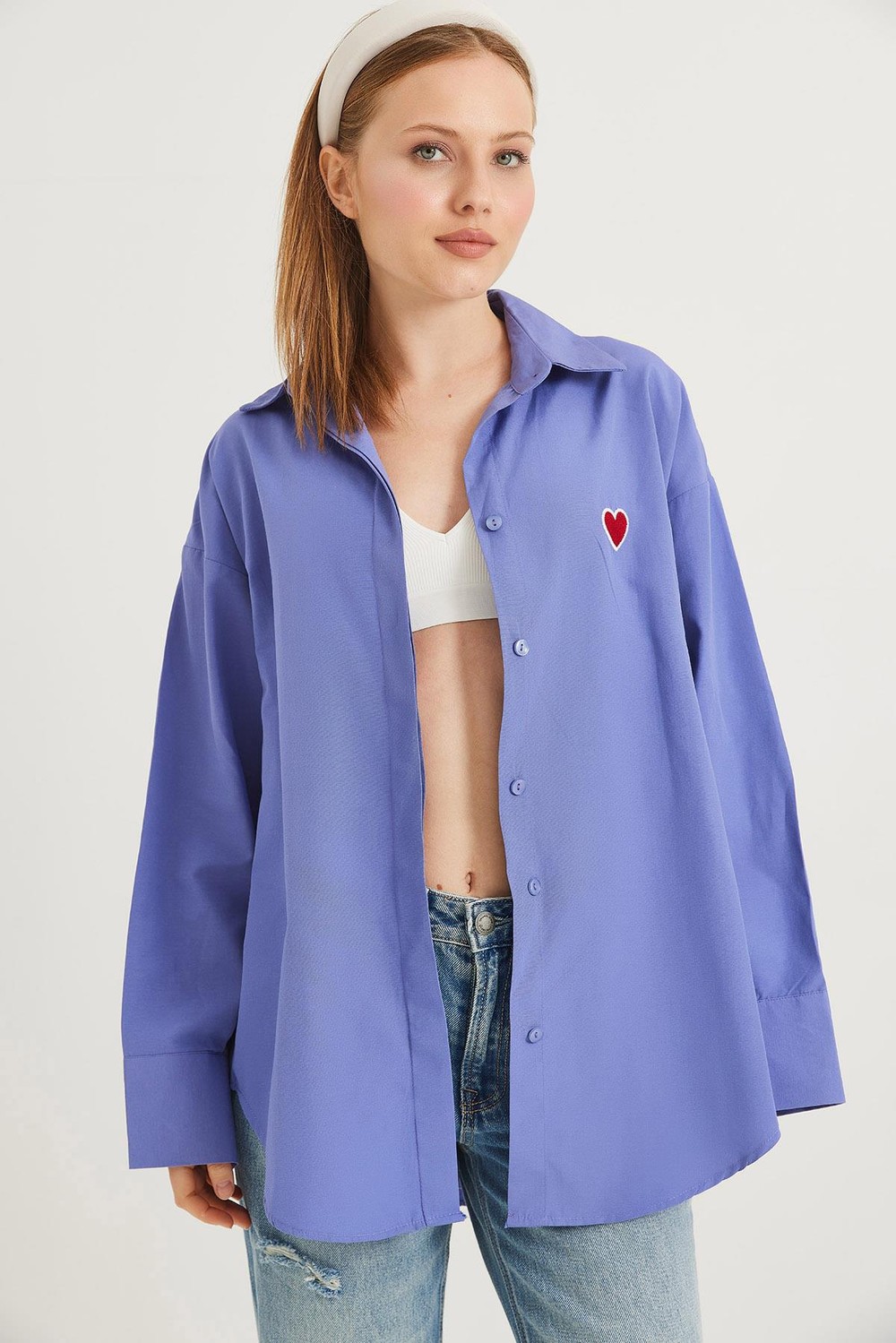 Kalp Nakışlı  Oversize Basic Gömlek Mor