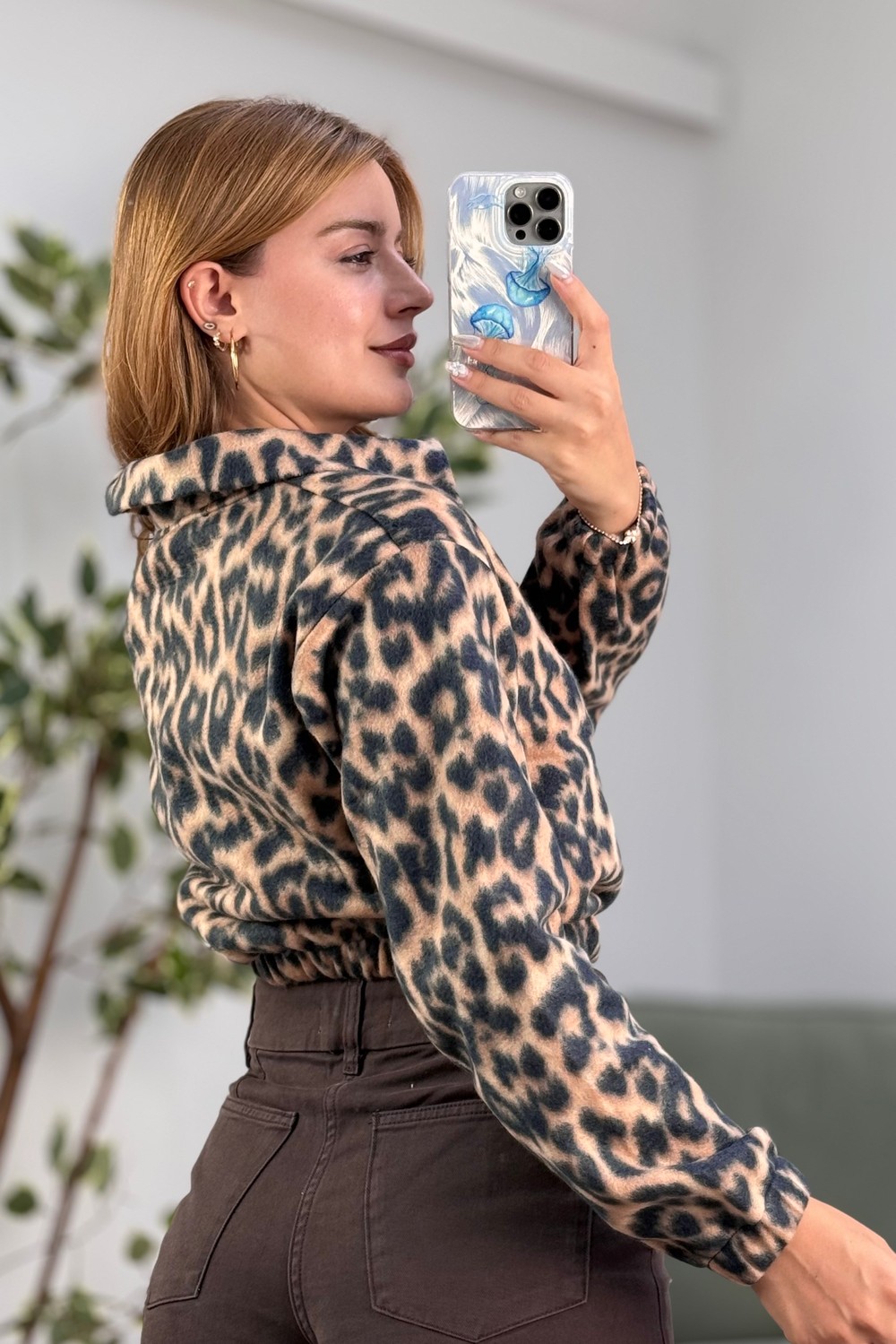 Leopar Desen Yarım Fermuarlı Polar Sweatshirt