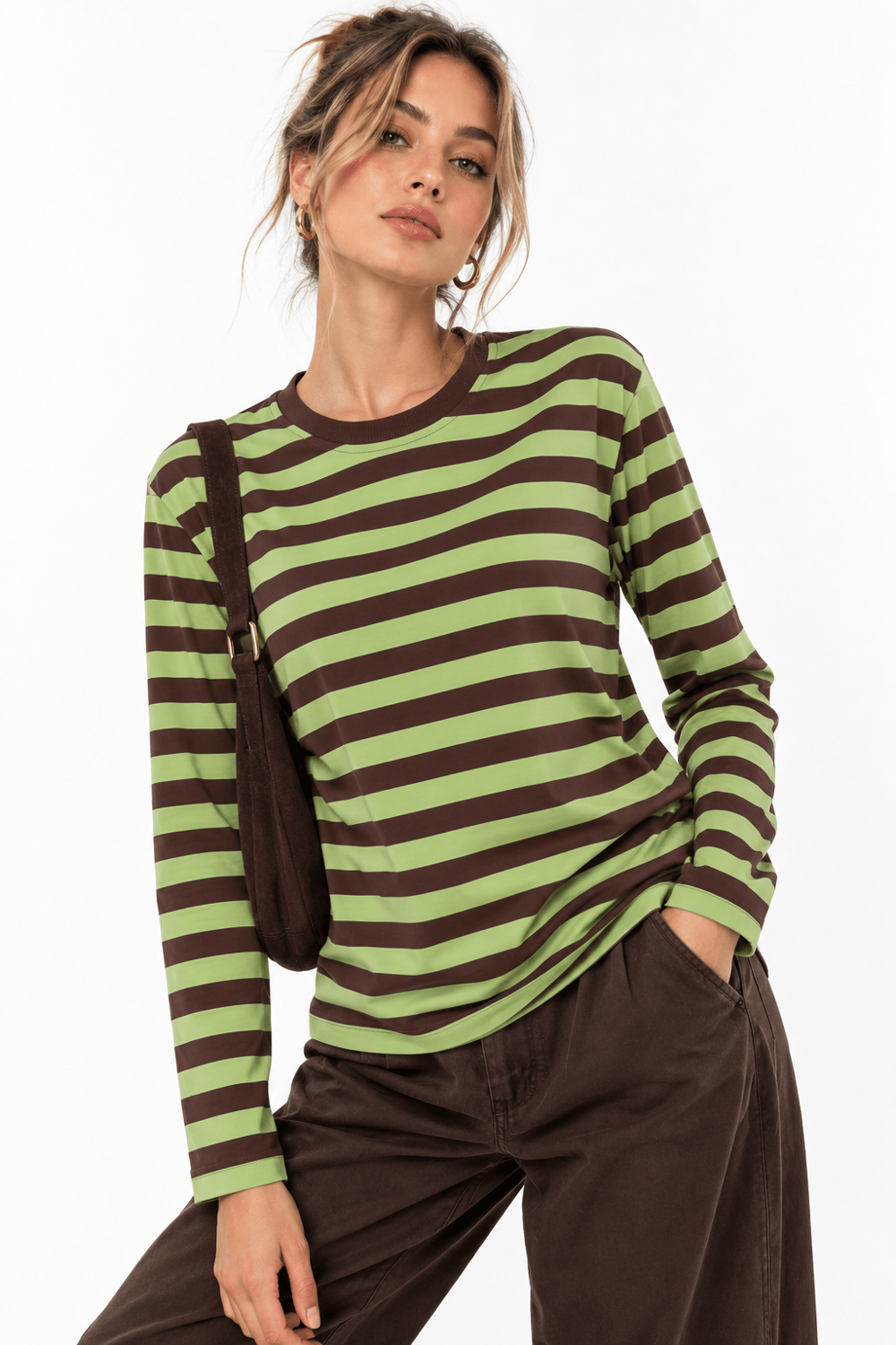 Kadın Çizgi Desenli Sweatshirt Yeşil