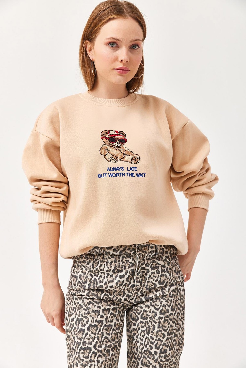 Ayıcık Baskılı 3 İplik Sweatshirt Bej