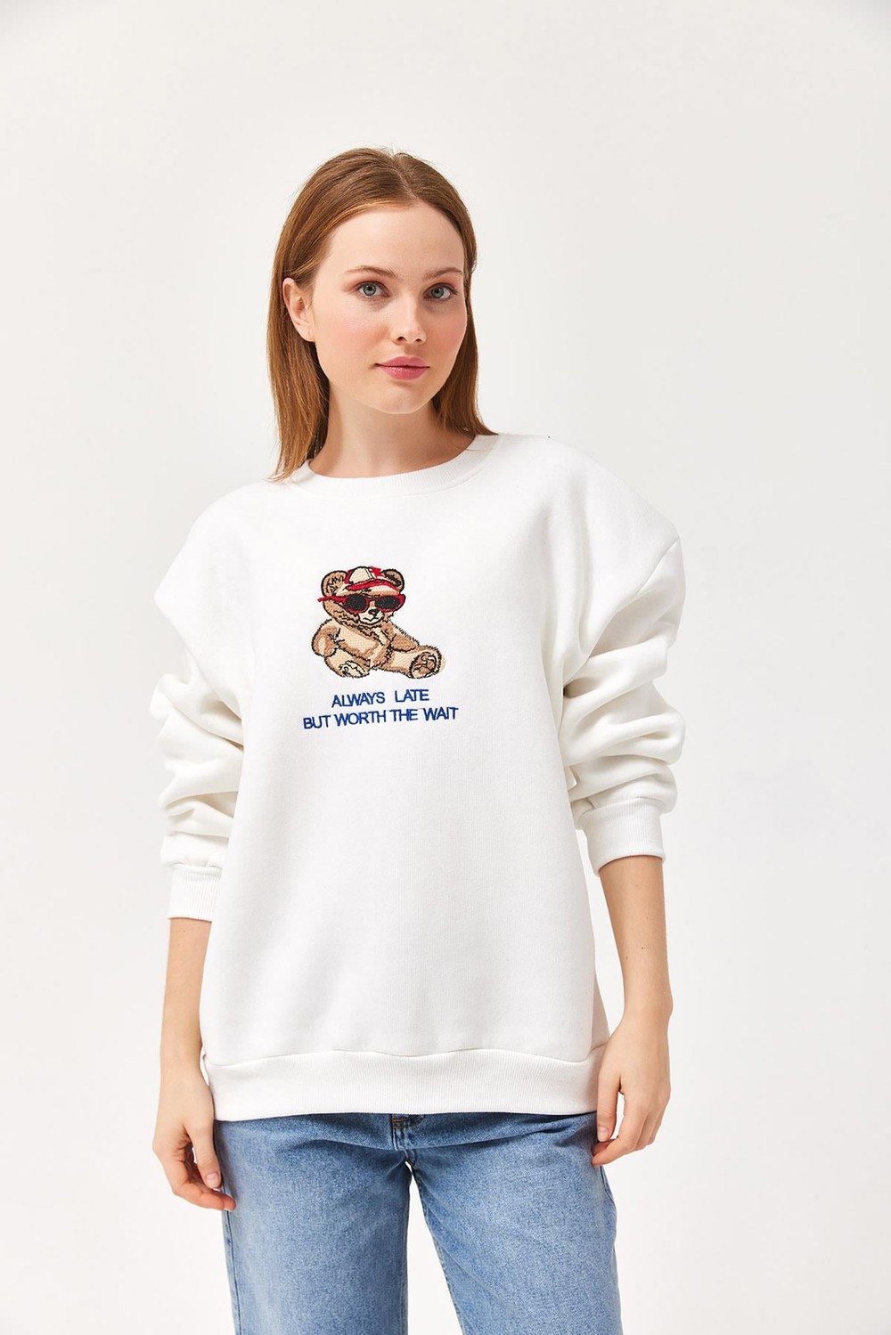 Ayıcık Baskılı 3 İplik Sweatshirt Beyaz