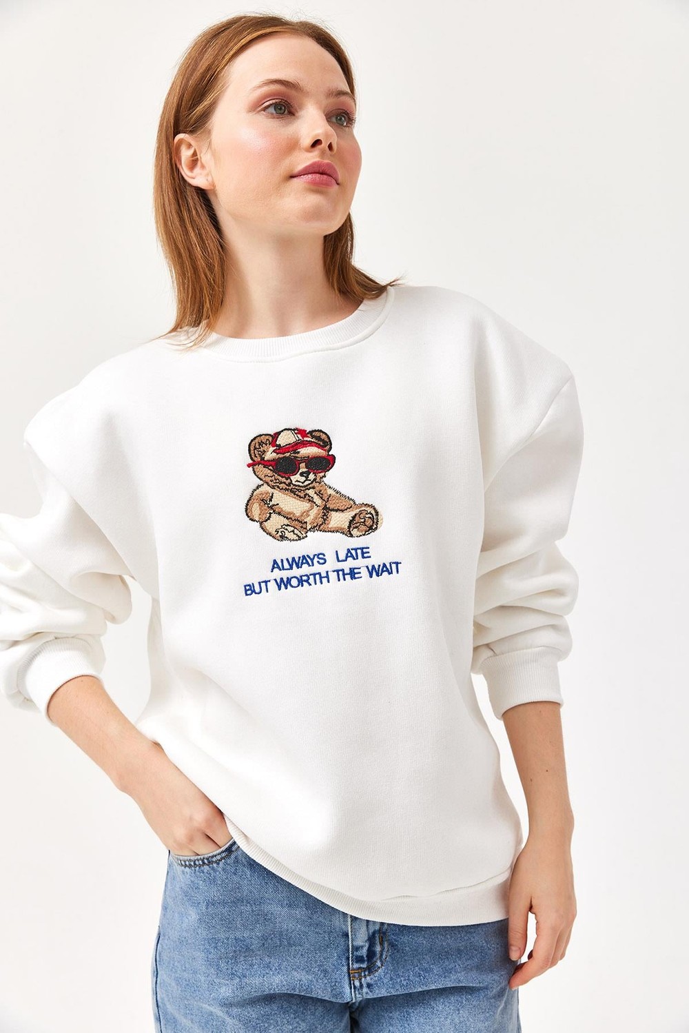 Ayıcık Baskılı 3 İplik Sweatshirt Beyaz