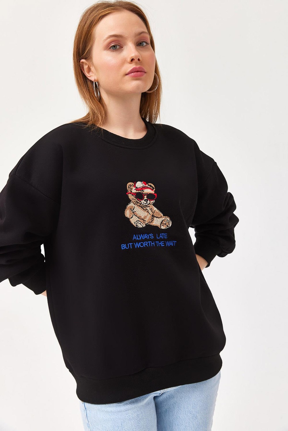 Ayıcık Baskılı 3 İplik Sweatshirt Siyah