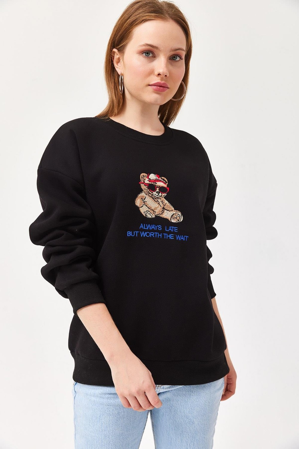 Ayıcık Baskılı 3 İplik Sweatshirt Siyah