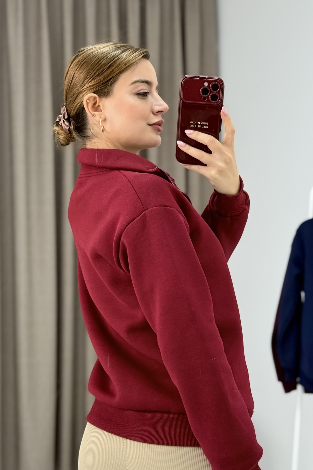 Kadın Bordo Yarım Fermuarlı Üç İplik Sweat 