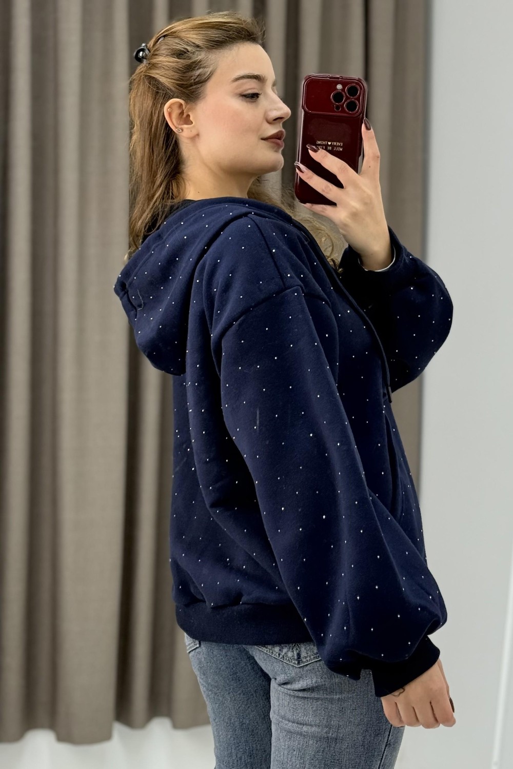 Kadın Taş Detaylı Kapüşonlu 3 İplik Fermuarlı Sweatshirt Lacivert