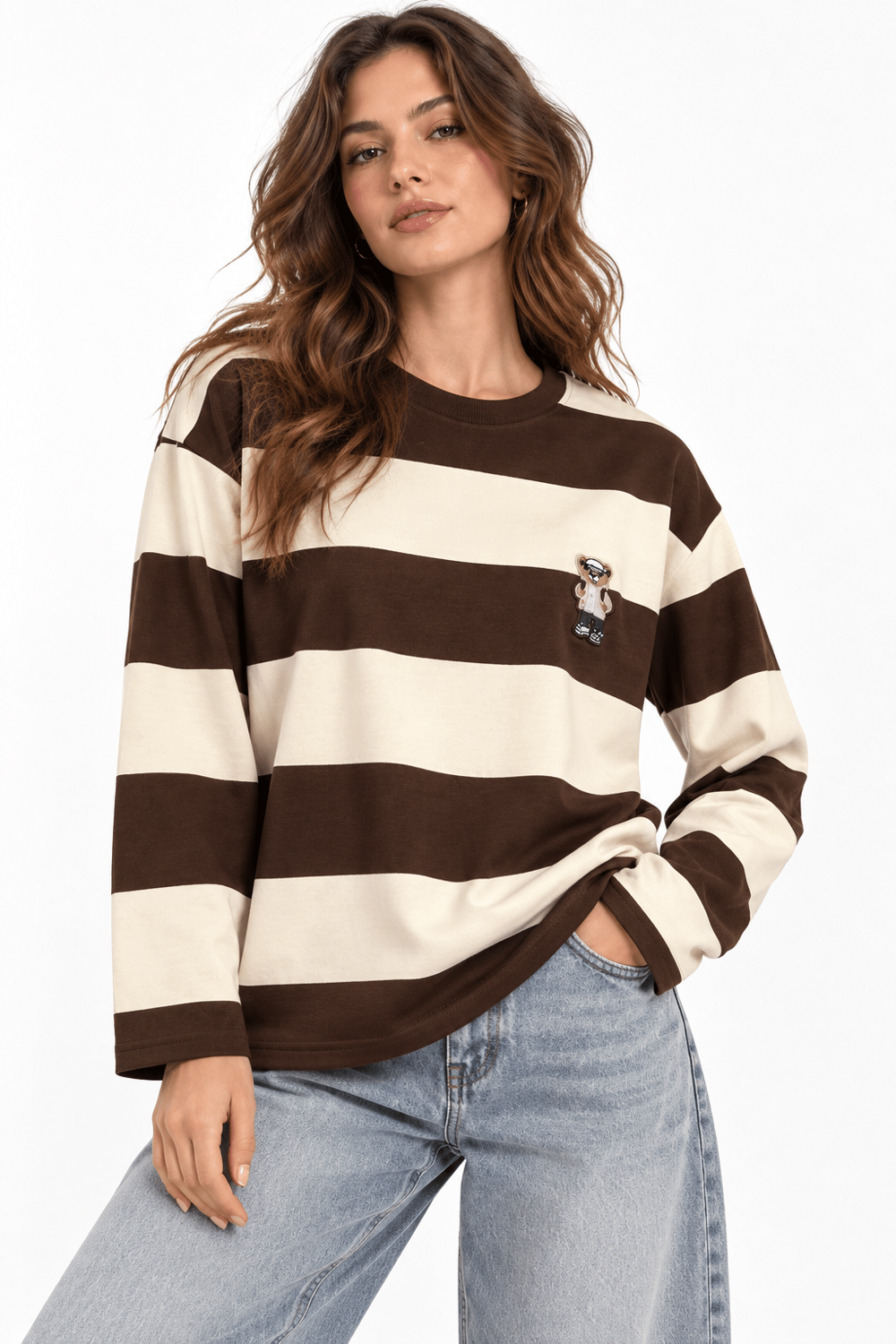 Kadın Uzun Kollu Çizgili Ayıcık Desenli Sweatshirt Kahve
