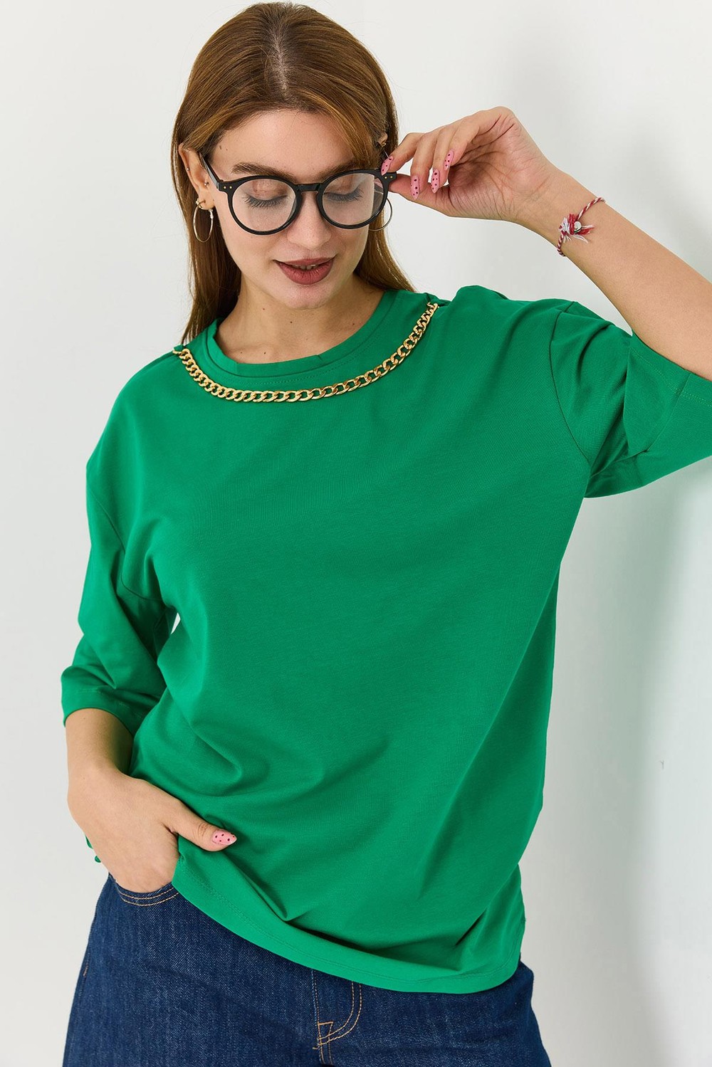 Kadın Yakası Gold Zincirli Bisiklet Yaka Tshirt Yeşil
