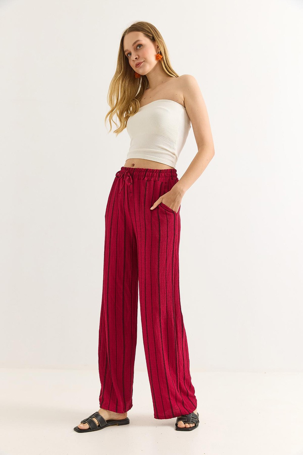 Bürümcük Çizgili Rahat Kesim Pantalon Bordo