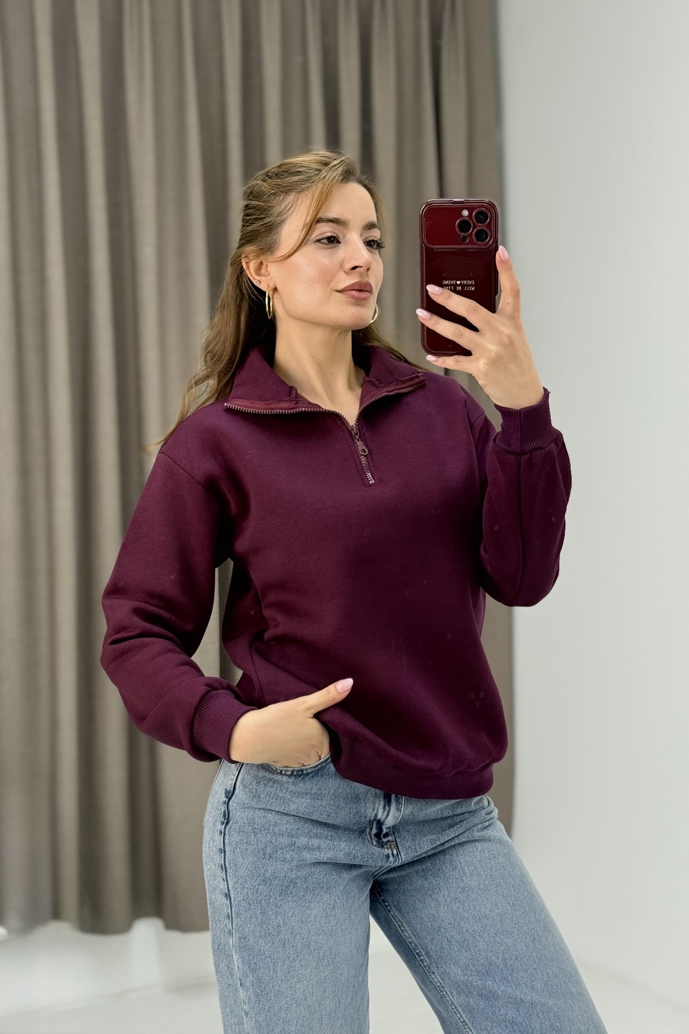 Kadın Mürdüm Yarım Fermuarlı Üç İplik Sweat 