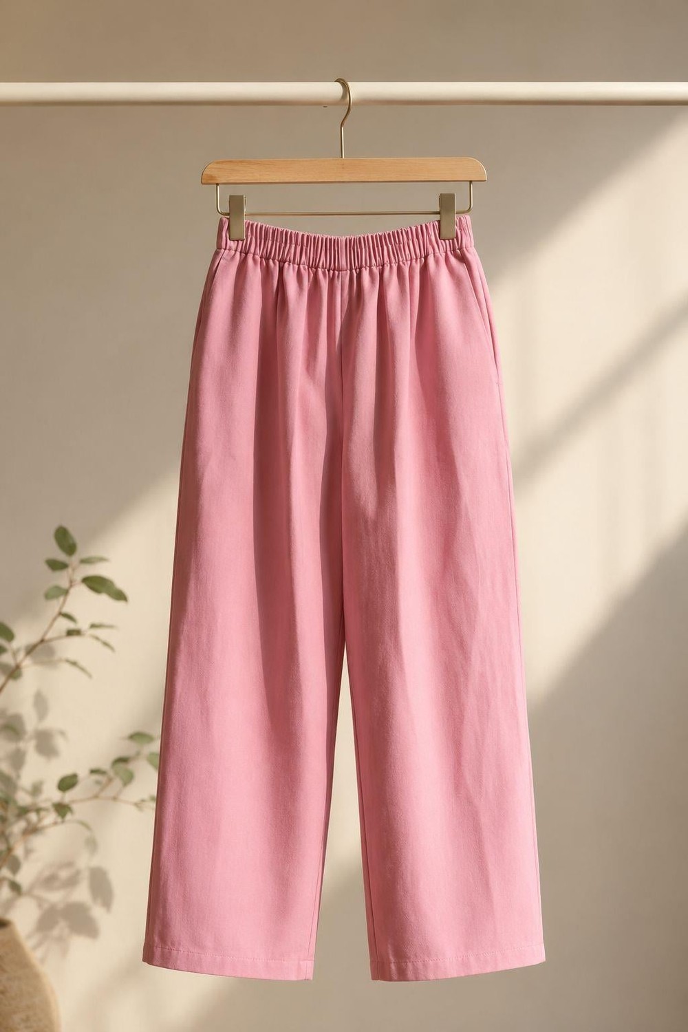 Kadın Beli Lastikli Salaş Rahat Kumaş Pantolon Pembe