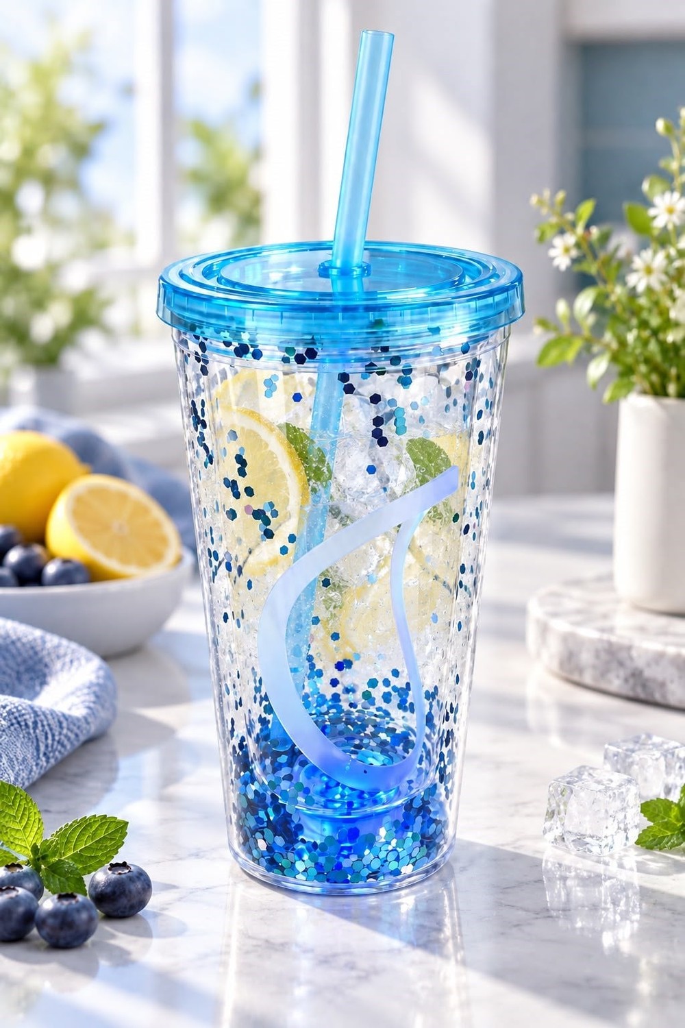 LED Işıklı Simli Pipetli Bardak Mavi