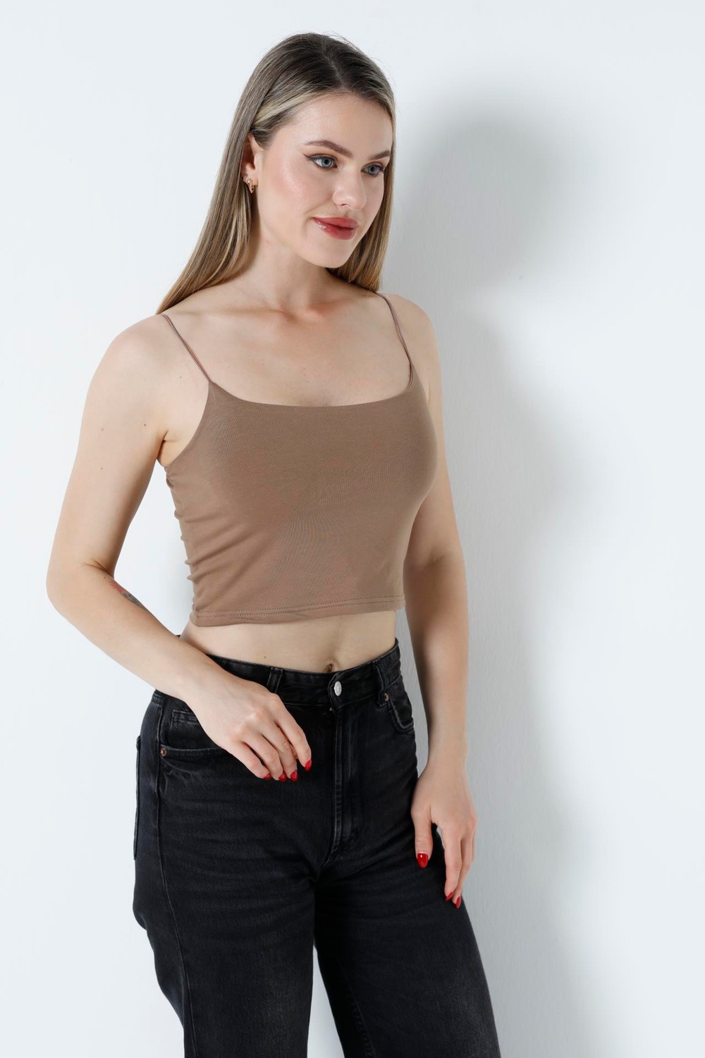 İp Askılı Crop Bluz Kahverengi