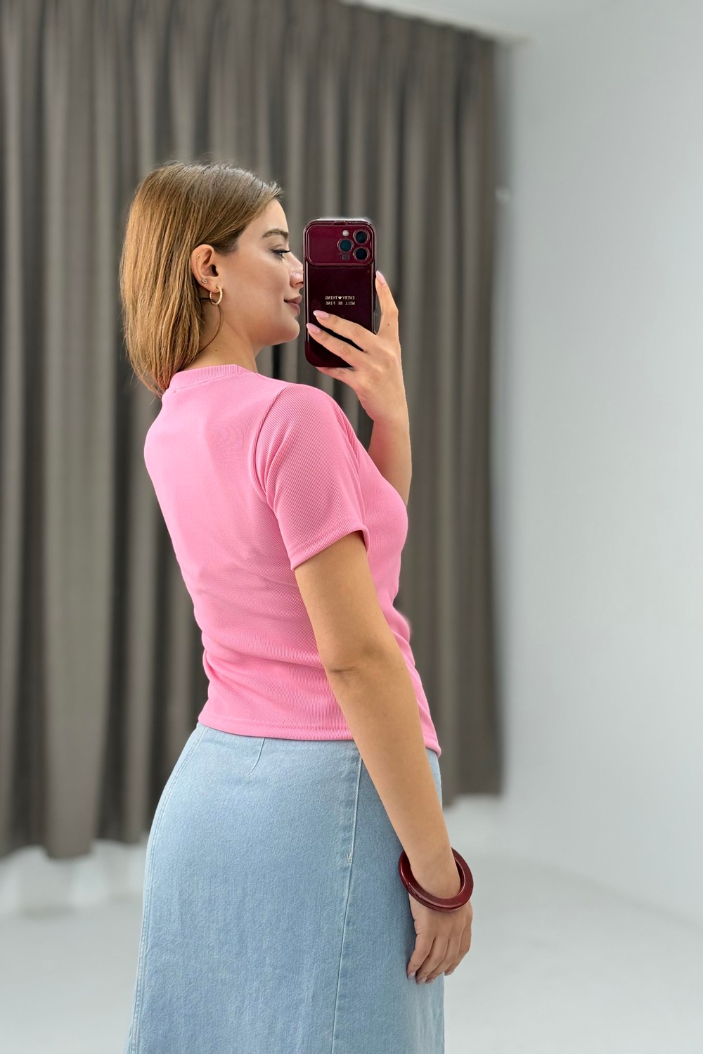 Kadın Yan Tokalı Asimetrik Kesim Kakorse Kısa Kollu Bluz Pembe