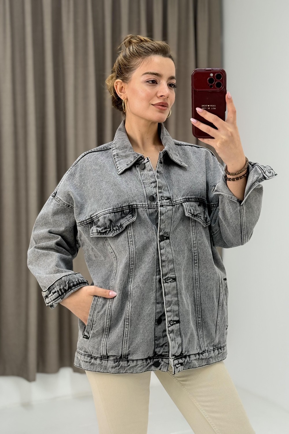 Kadın Oversize Cepli Şık Kot Ceket 