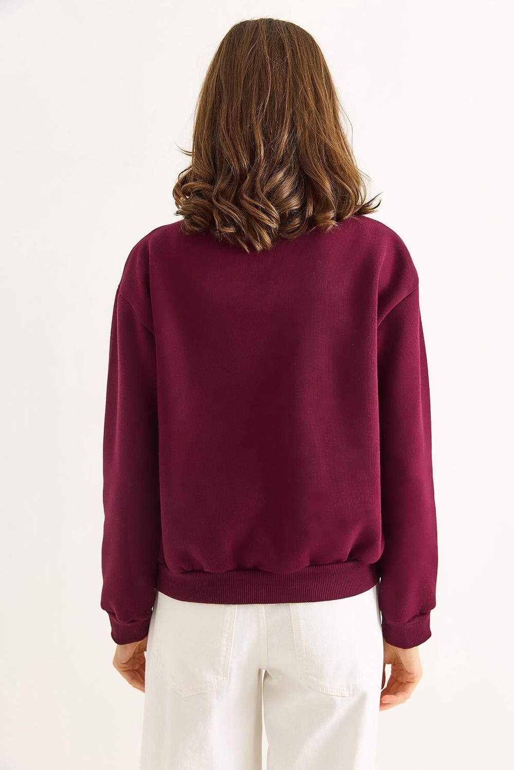 Kadın Dik Yaka Fermuarlı Roket Baskılı Sweatshirt Bordo