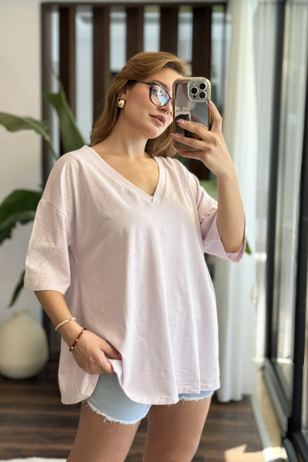 Kadın V Yaka Oversize Salaş Tshirt Lila