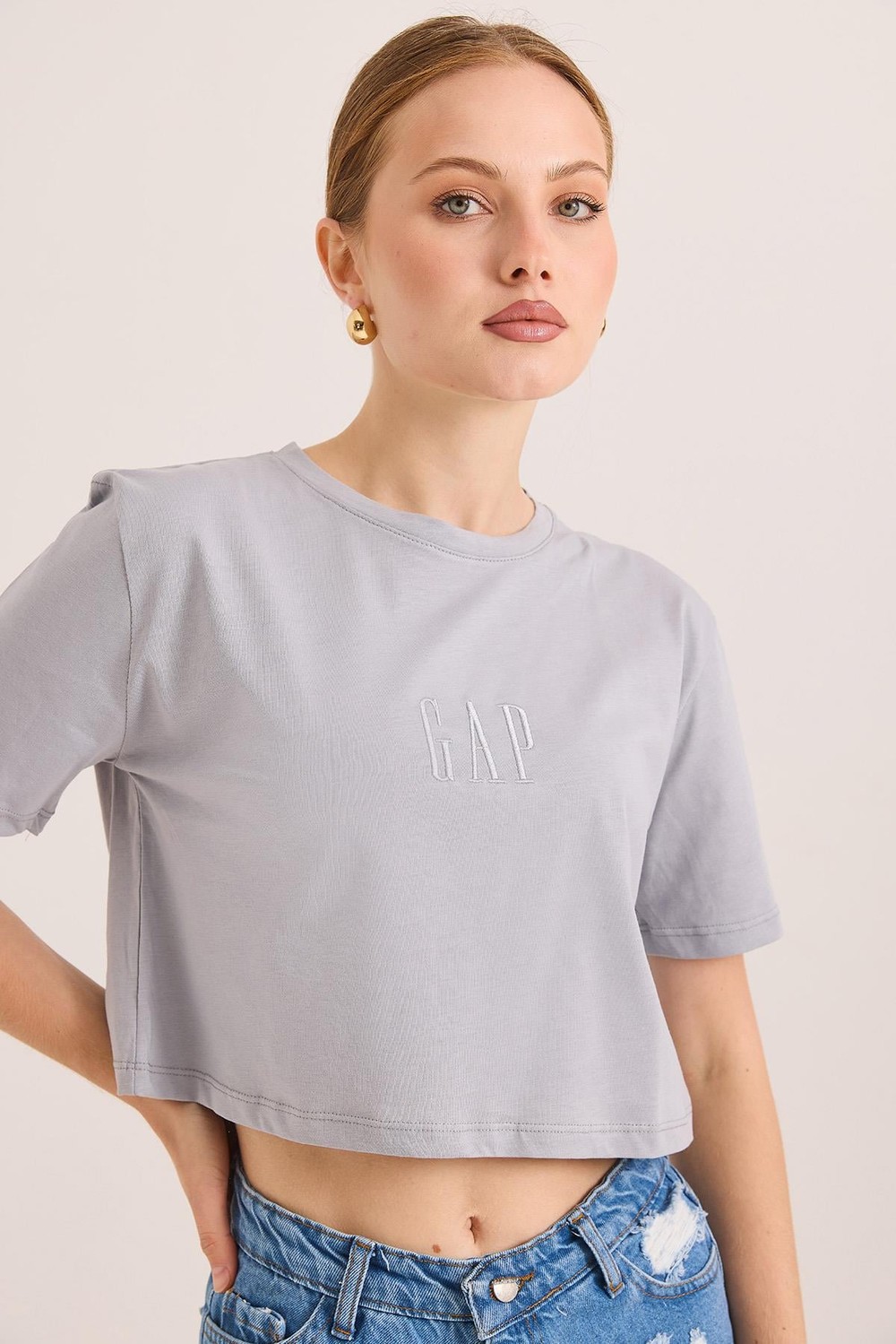 Nakışlı Örme Pamuk Crop Tshirt Gri