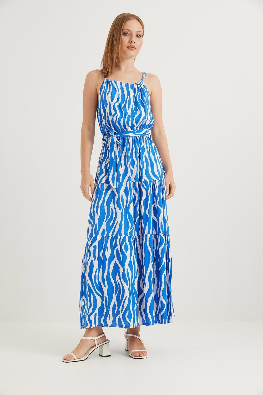 Zebra Halter Yaka Kuşaklı Elbise Mavi