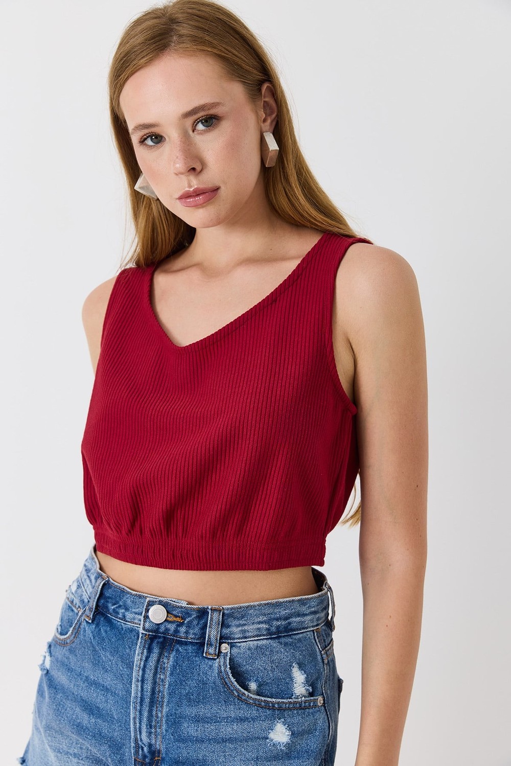 Kadın Kaşkorse Lastik Detaylı Askılı Crop Bordo
