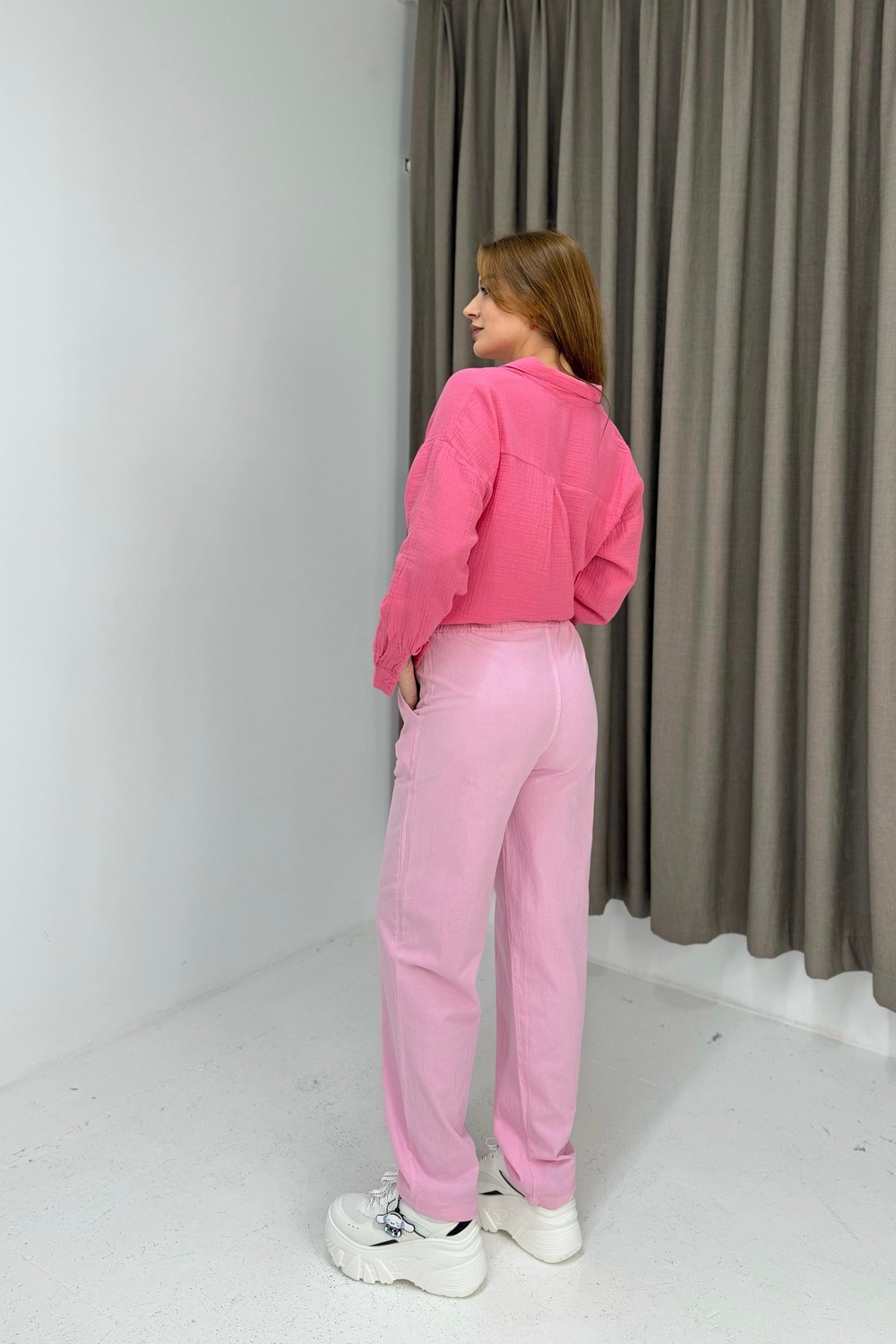 Kanvas Cepli Bağcıklı Beli Lastikli Uzun Pantolon Pembe