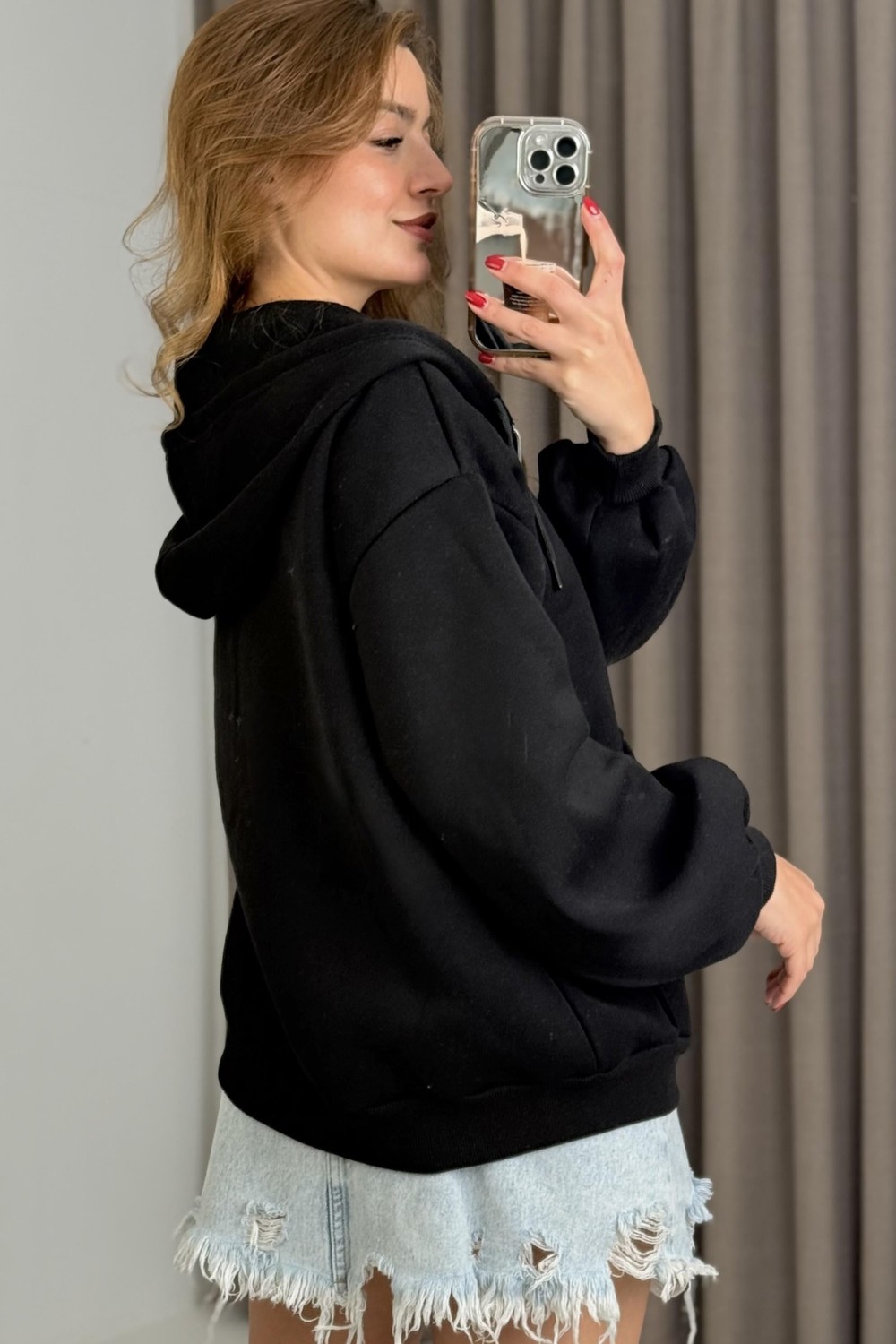 Kadın Oversize Kapüşonlu Cepli Sweatshirt Siyah
