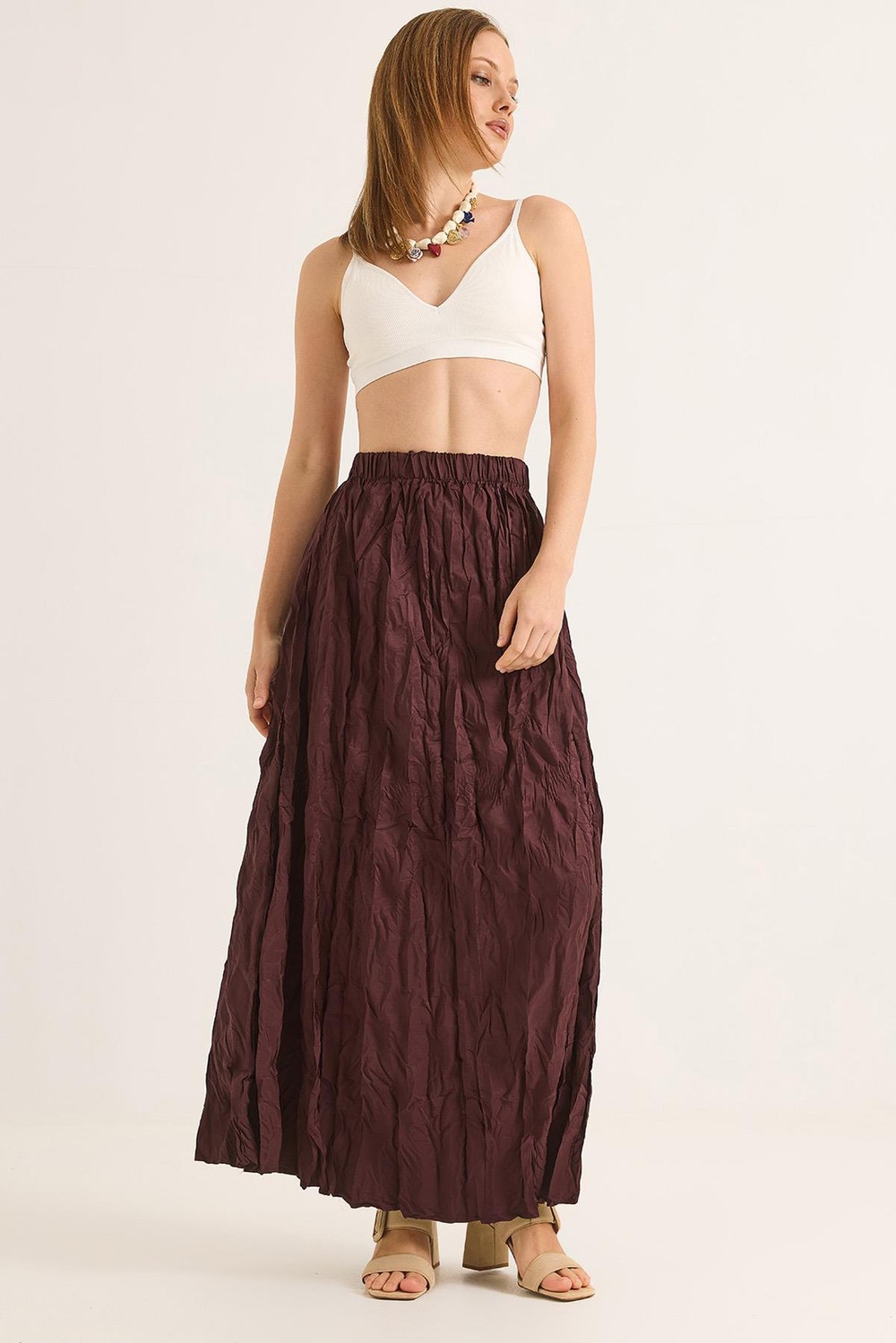 Kırışık Model Beli Lastikli Kadın Etek Mürdüm