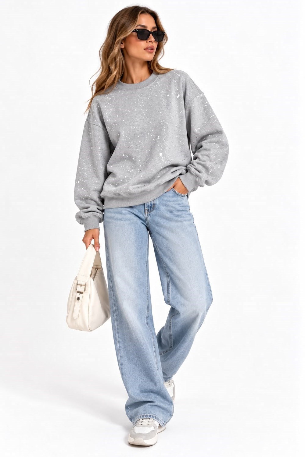 Kadın Bisiklet Yaka Işıltılı 3 iplik Sweatshirt Gri