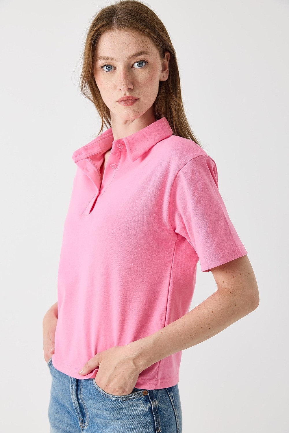 Kadın Vatkalı Polo Yaka Tshirt Koyu Pembe