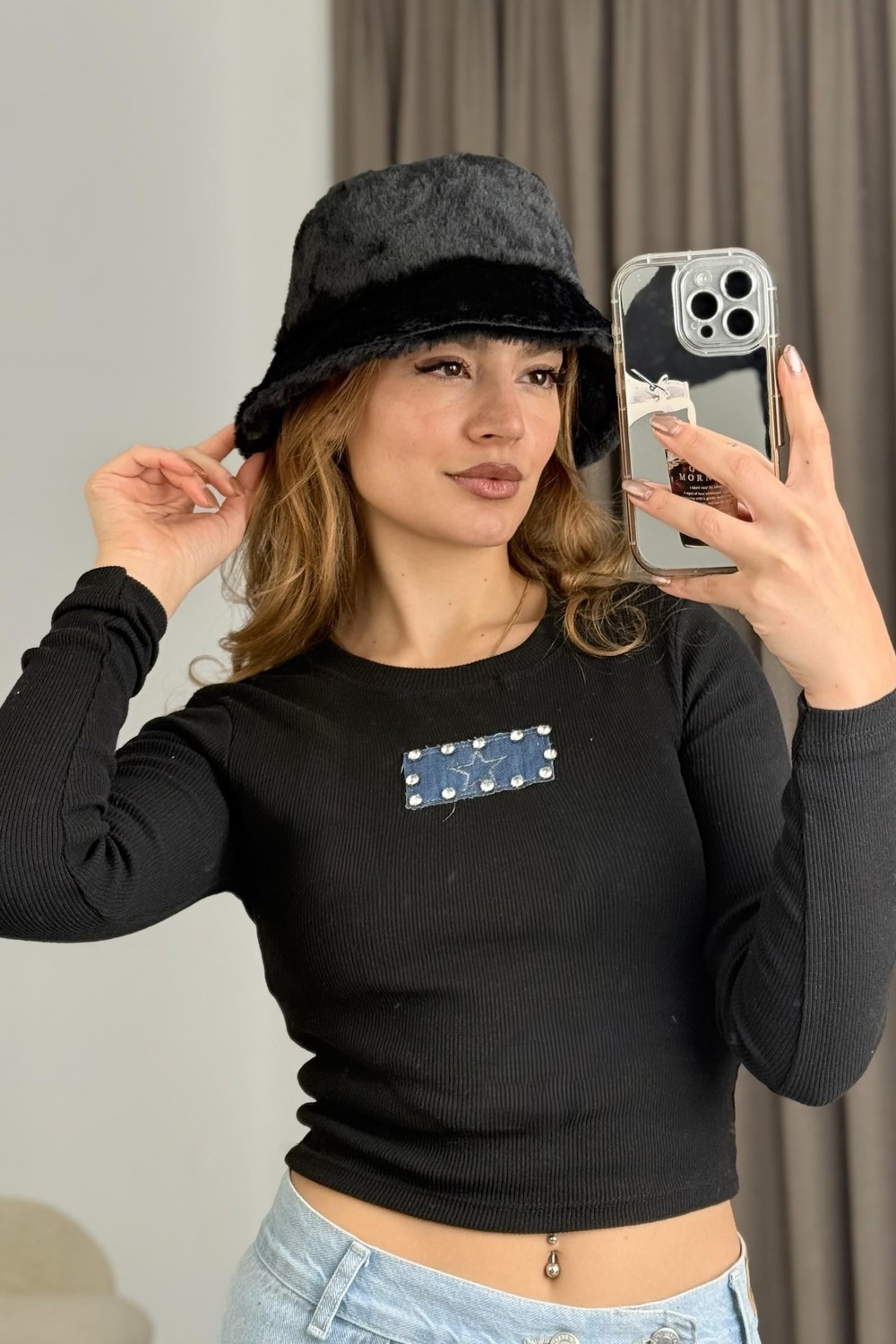Kadın Uzun Kollu Kaşkorse  Kot Üzerine Yıldız Nakışlı Crop Bluz Siyah
