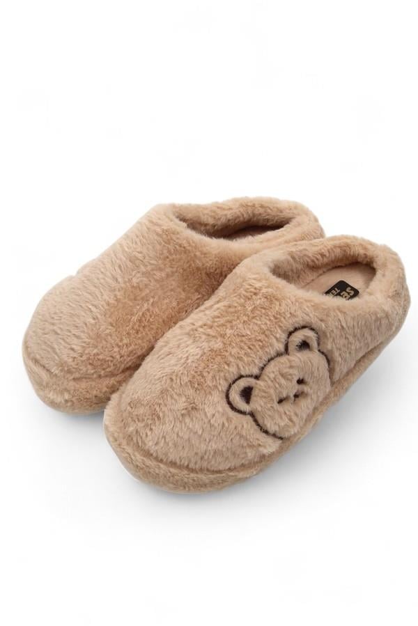 Peluş Ayıcıklı Önü Kapalı Ev Terliği Vizon