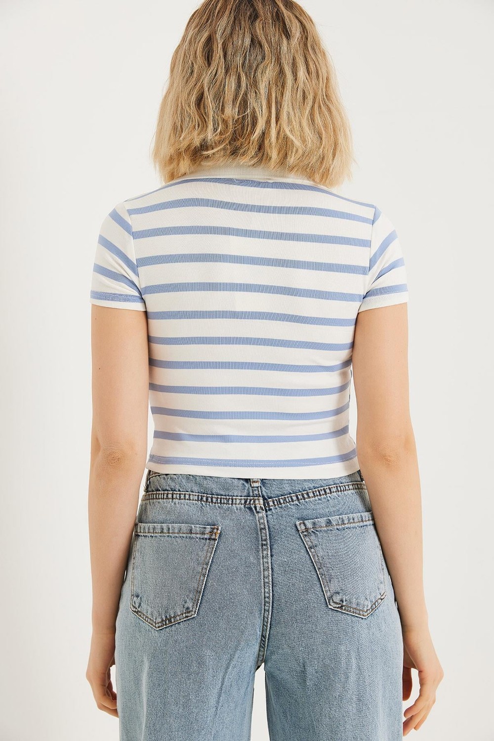 Polo Yaka Çizgili Crop Bluz Mavi