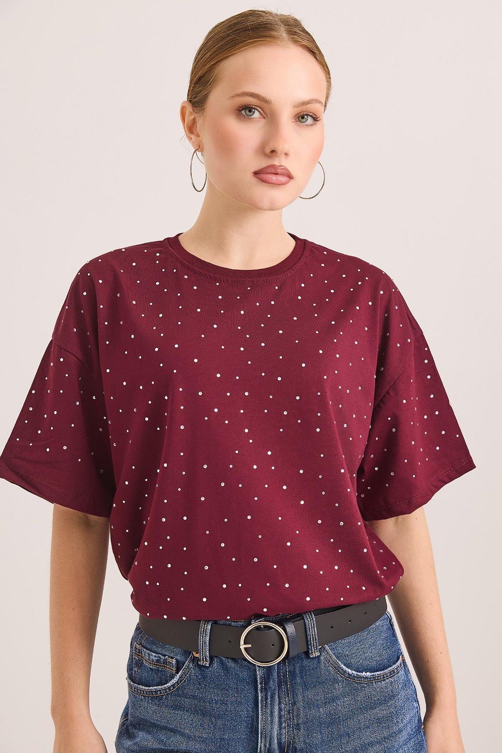 Taş Detaylı Rahat Kalıp Premium Pamuk Tshirt	Bordo
