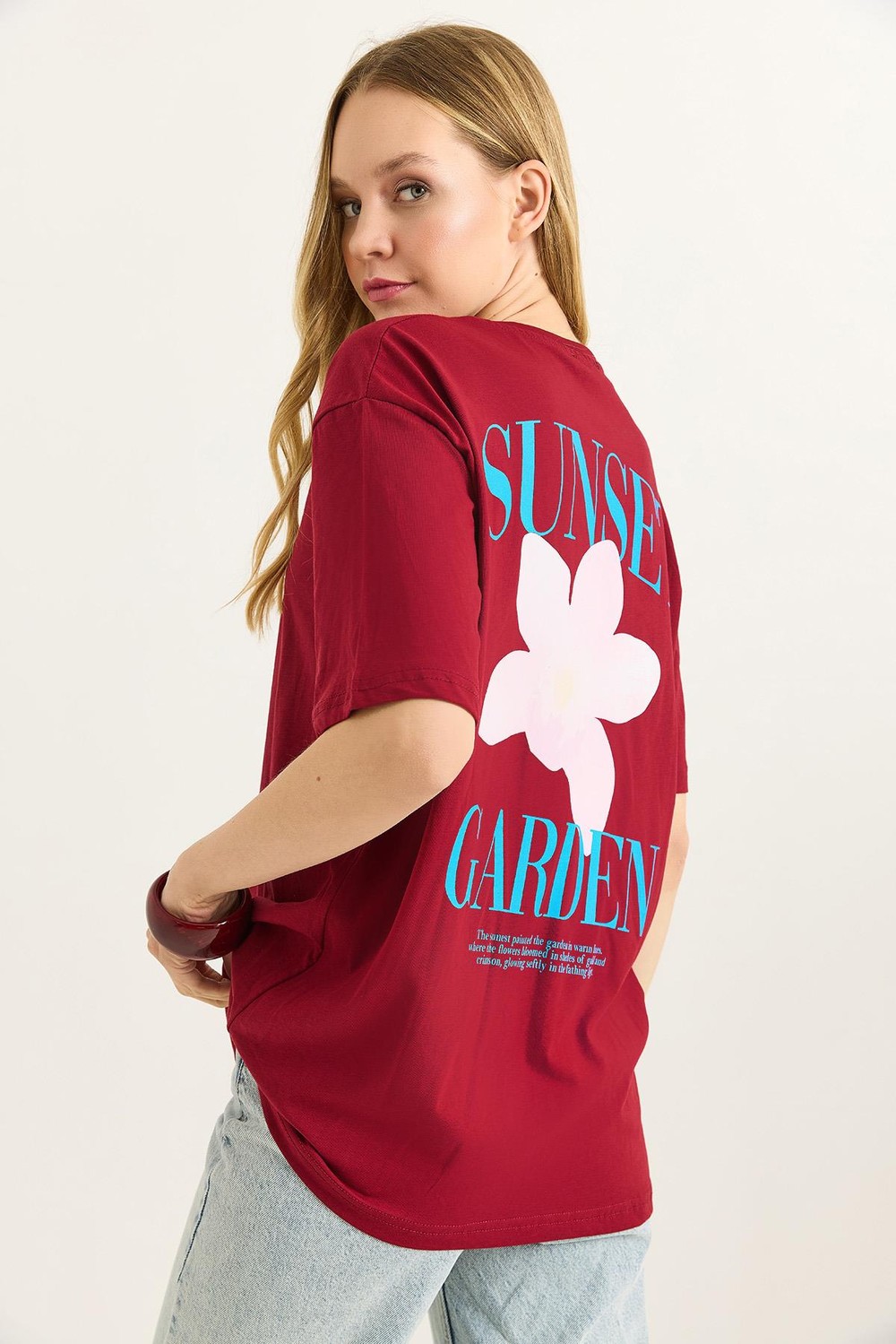Ön Arka Baskılı Bisiklet Yaka Tshirt Bordo
