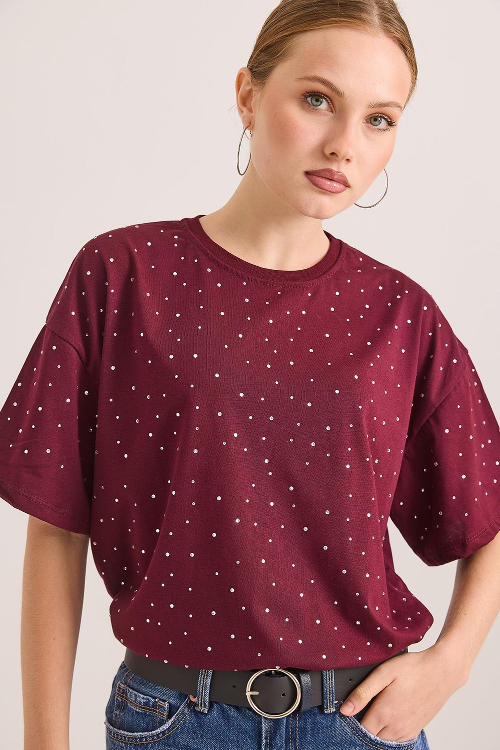 Taş Detaylı Rahat Kalıp Premium Pamuk Tshirt	Bordo