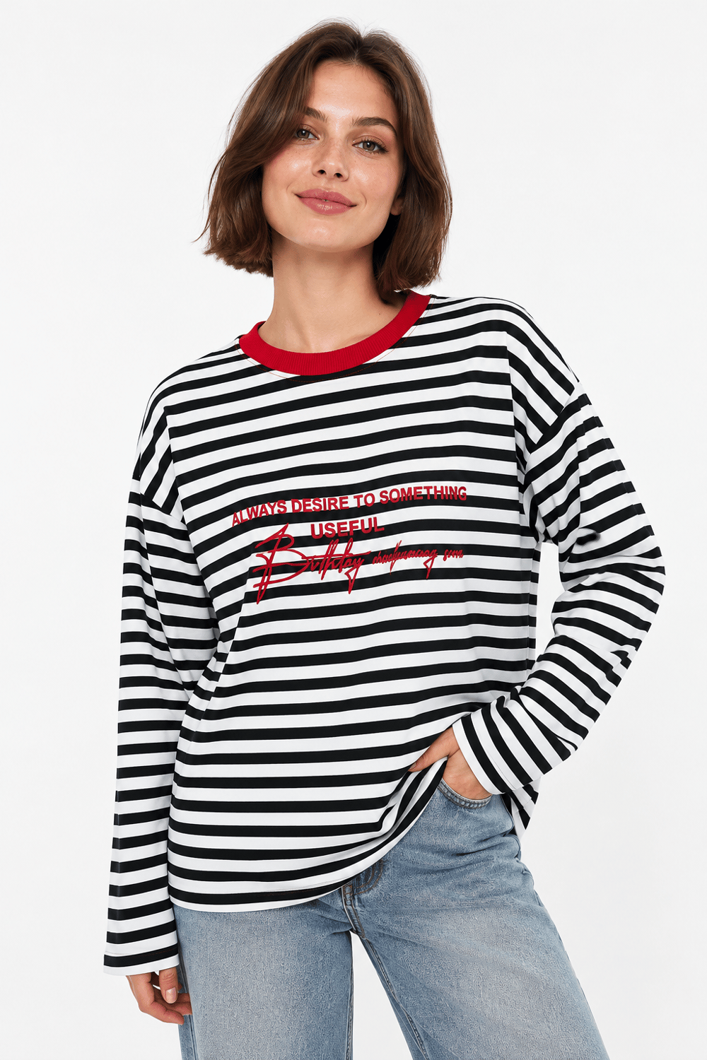 Kadın Bisiklet Yaka Baskılı Çizgili Sweatshirt Siyah