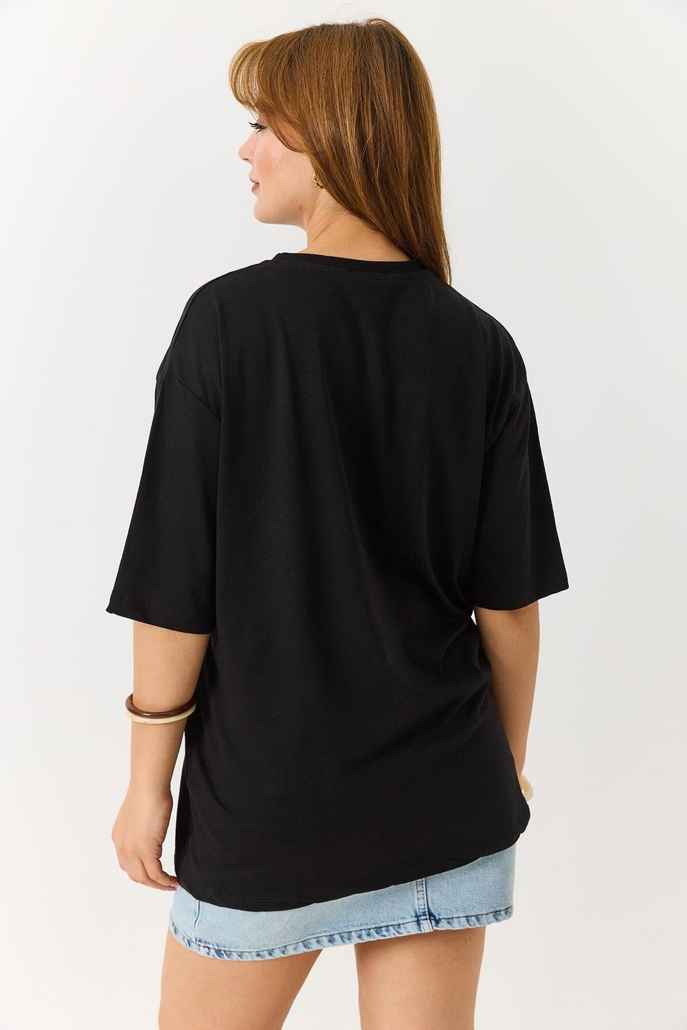 Kadın Nakışlı Bisiklet Yaka Tshirt Siyah