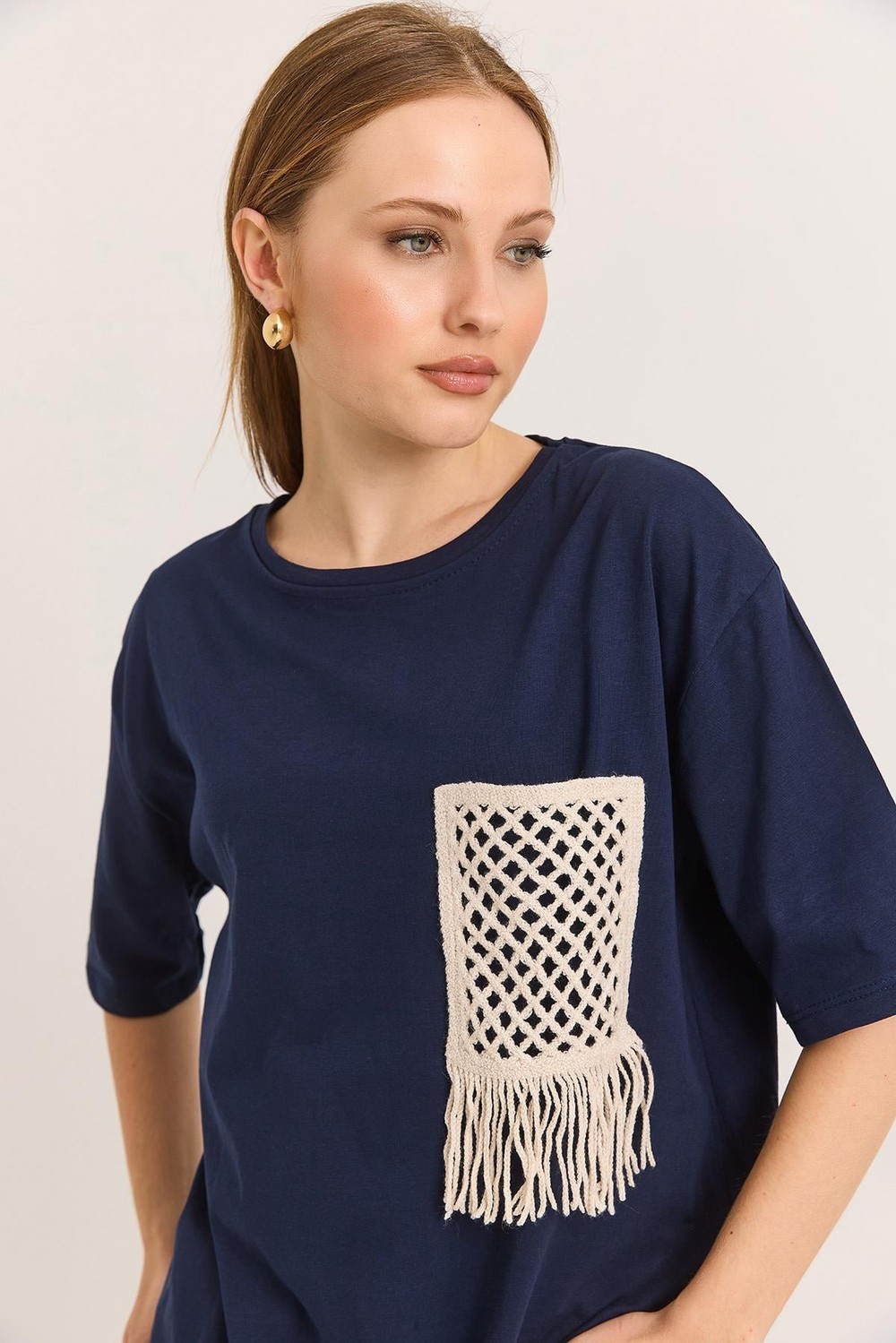 Hasır Cepli Yumuşak Dokulu Fit Tshirt Lacivert