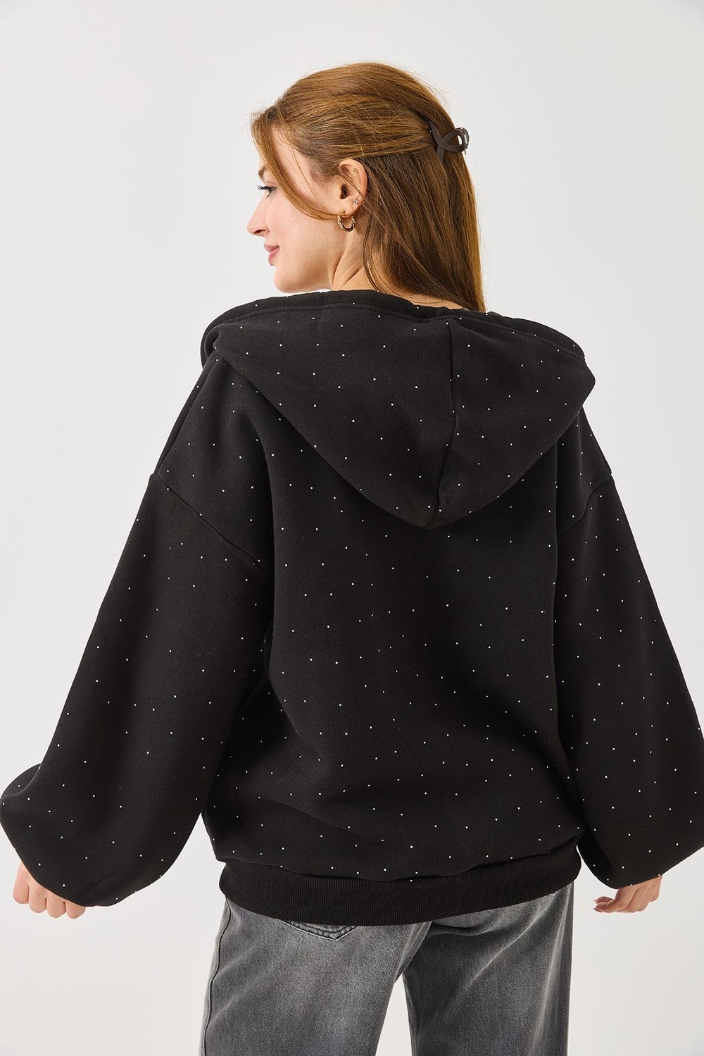 Kadın Taş Detaylı Kapüşonlu 3 İplik Fermuarlı Sweatshirt Siyah