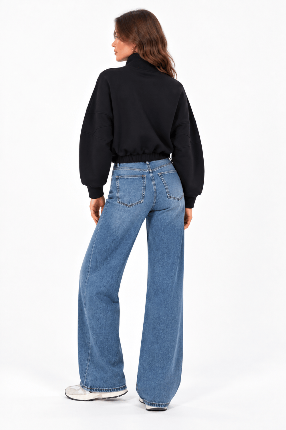 Kadın Balıkçı Yaka Fermuarlı Beli Büzgülü Sweatshirt Siyah