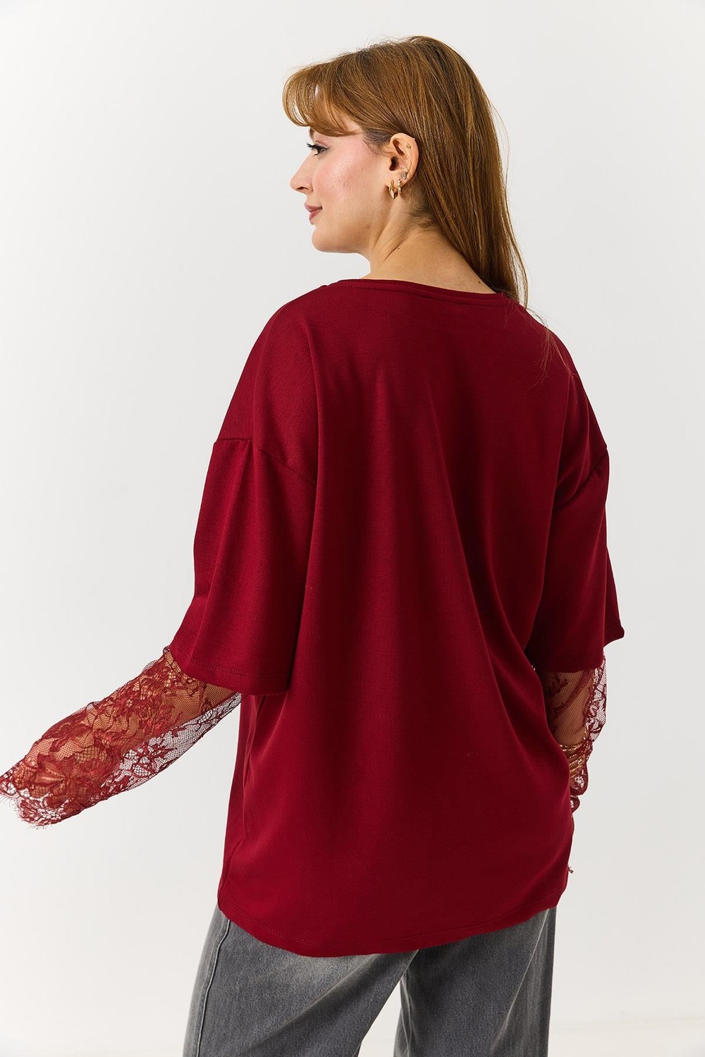 Kadın Kolu Tül Detaylı Oversize Tshirt Bordo
