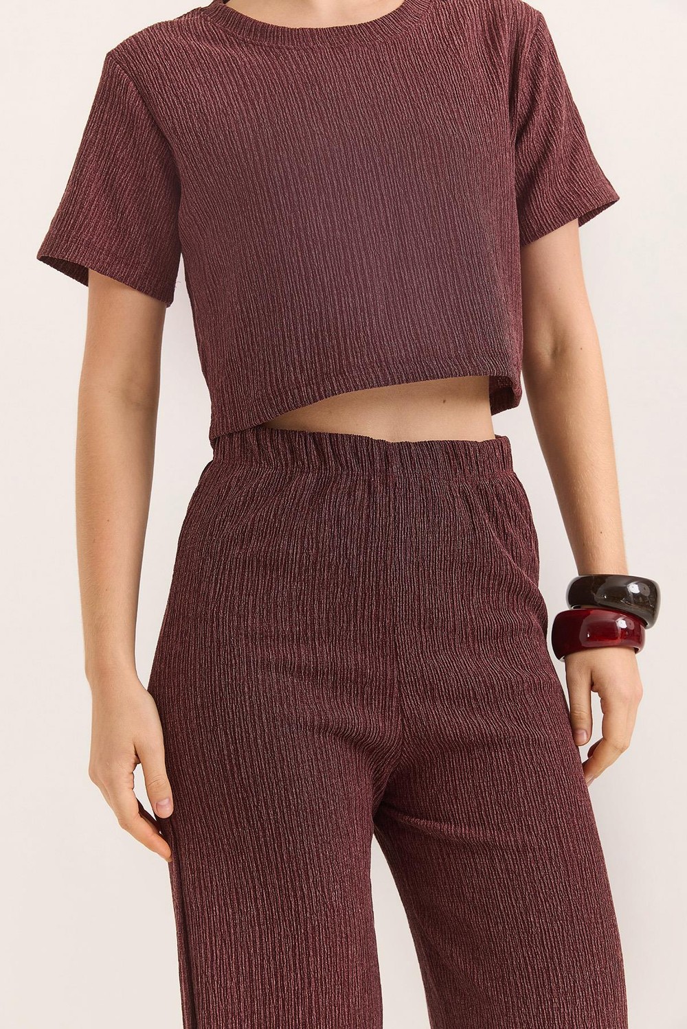 Bürümcük Kumaş İkili Crop Takım  Bordo