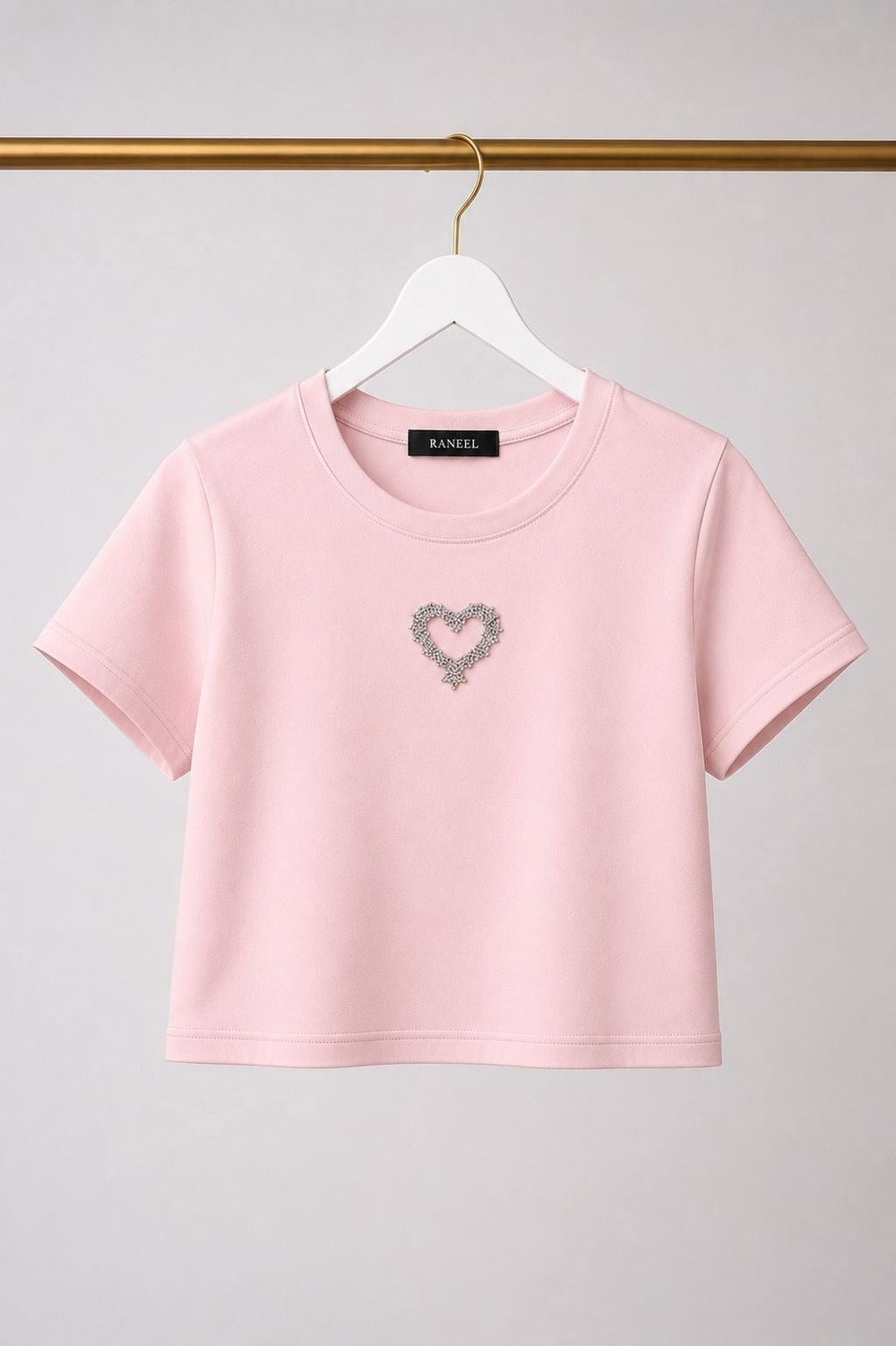 Kadın Taşlı Kalp Detaylı Crop  Bluz Pembe