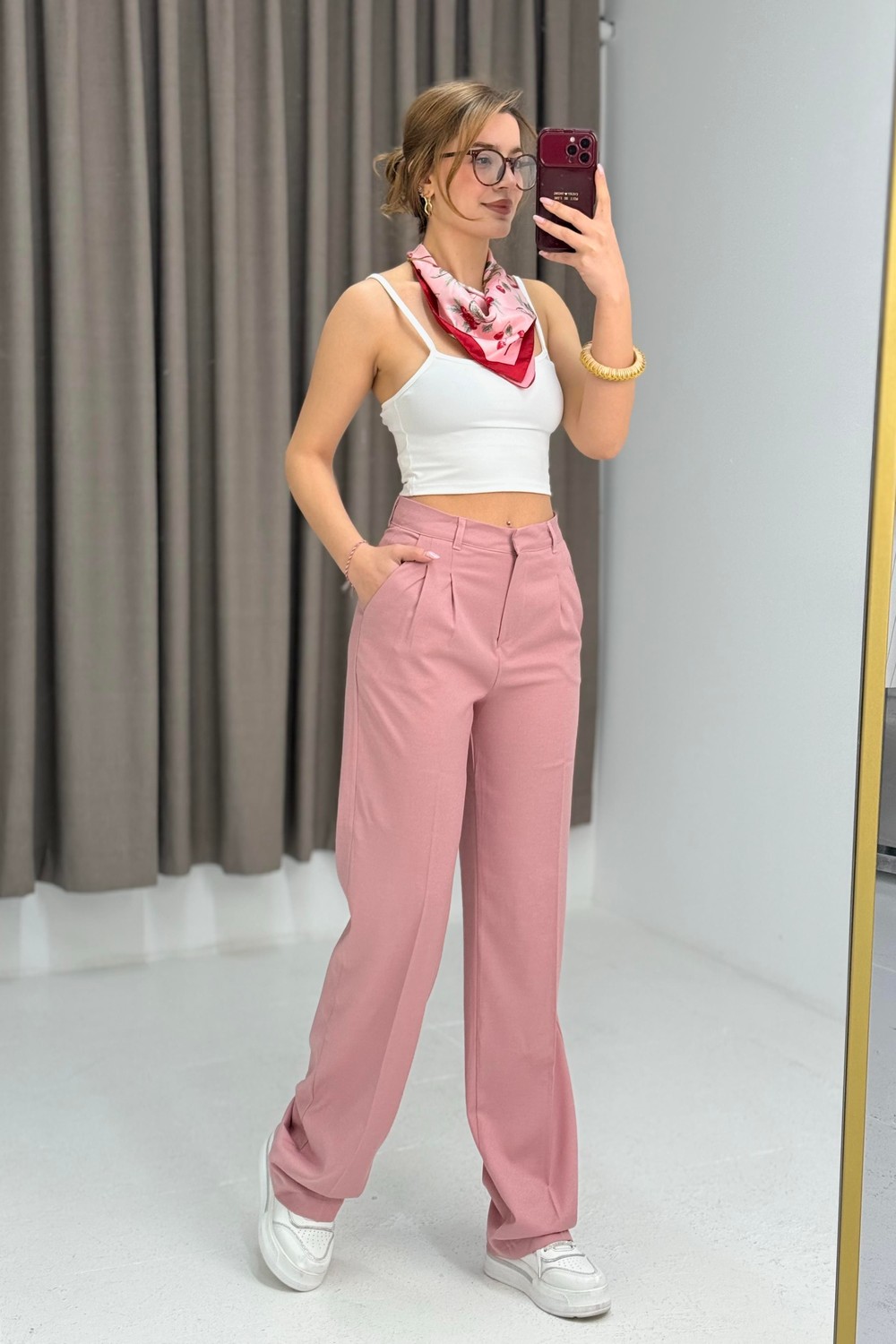 Kadın Rahat Kesim Yüksek Bel Pantolon Pembe