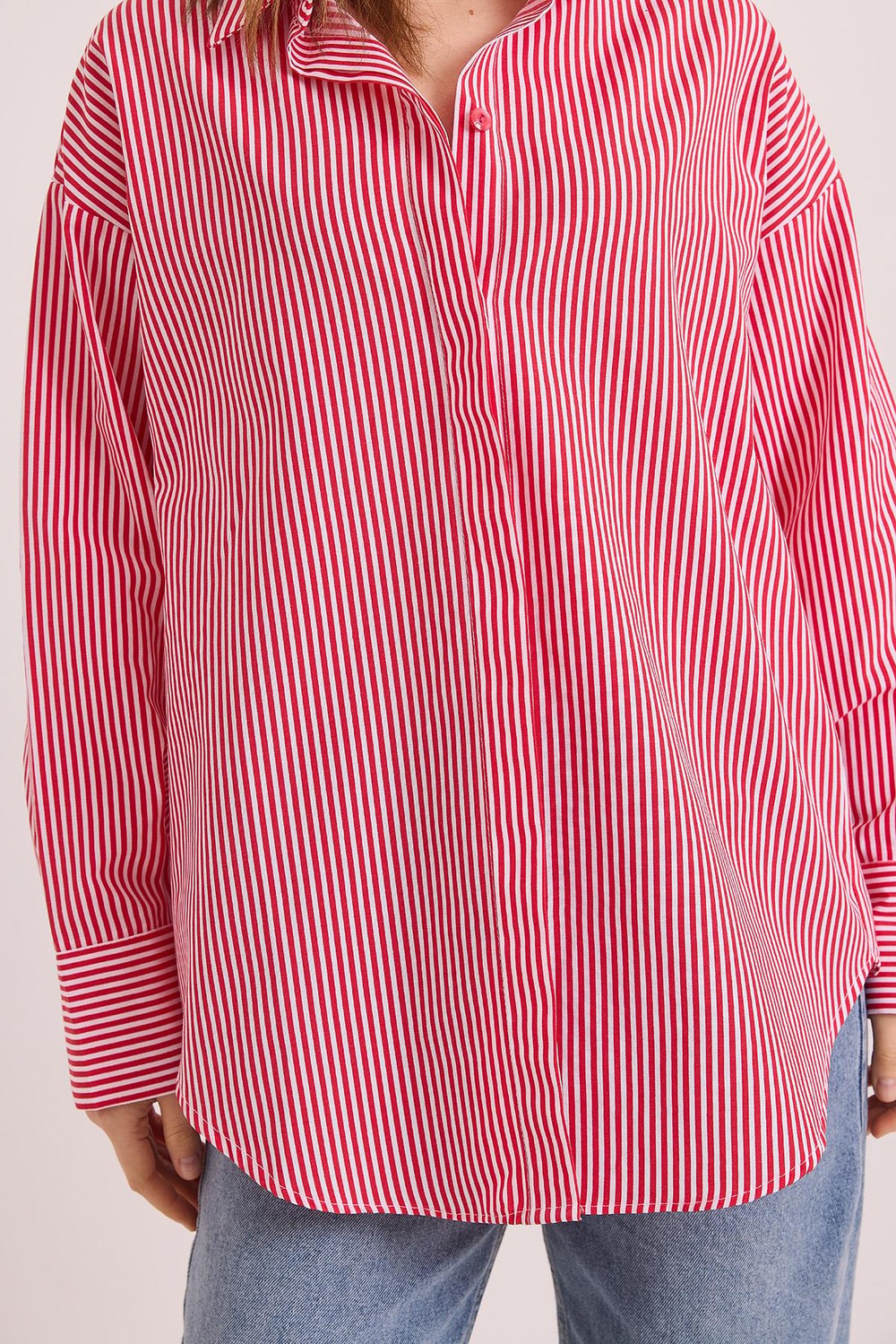Çizgili Oversize Basic Gömlek Kırmızı