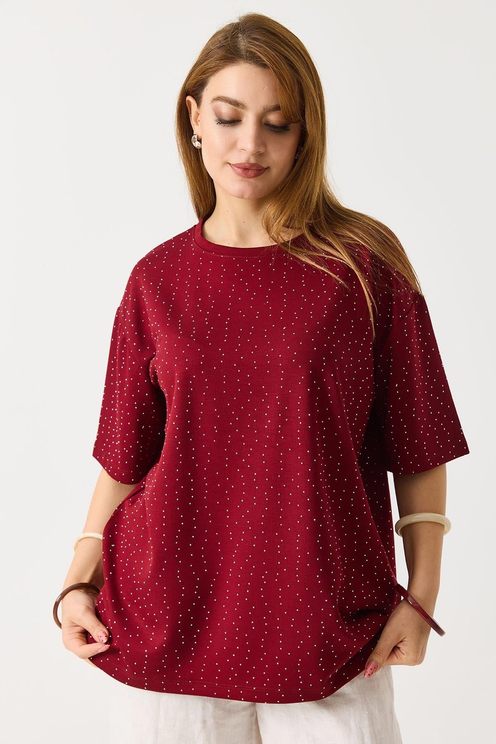 Kadın Taş Detaylı Bisiklet Yaka Oversize Tshirt Bordo