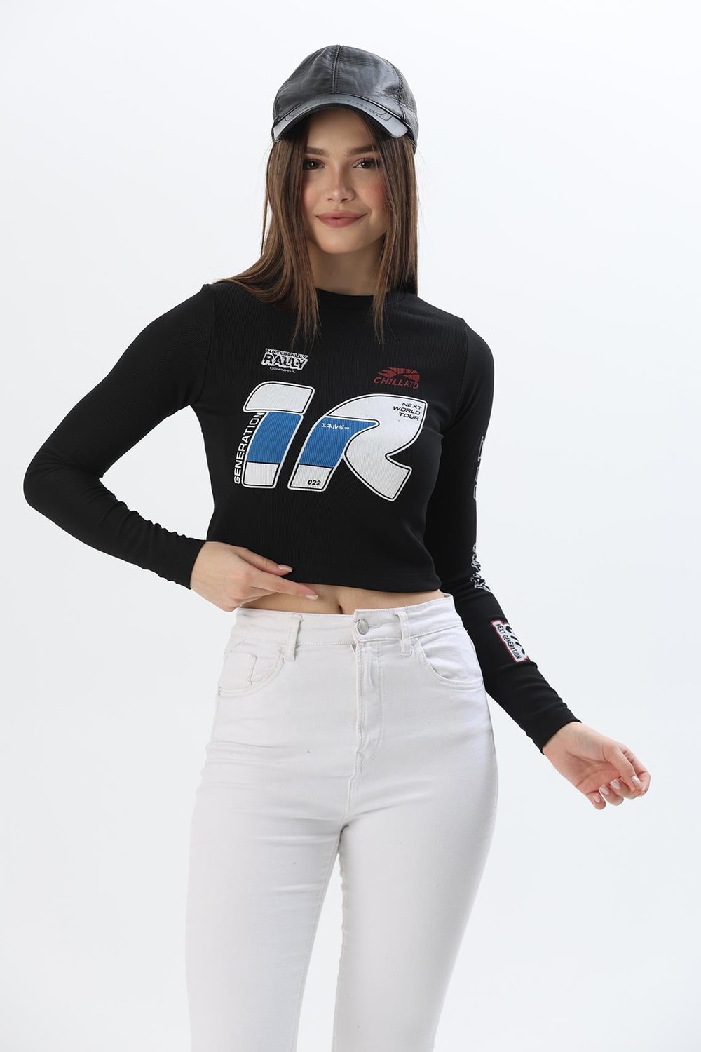 Baskılı İnce Fitilli Crop Ottoman Bluz Siyah